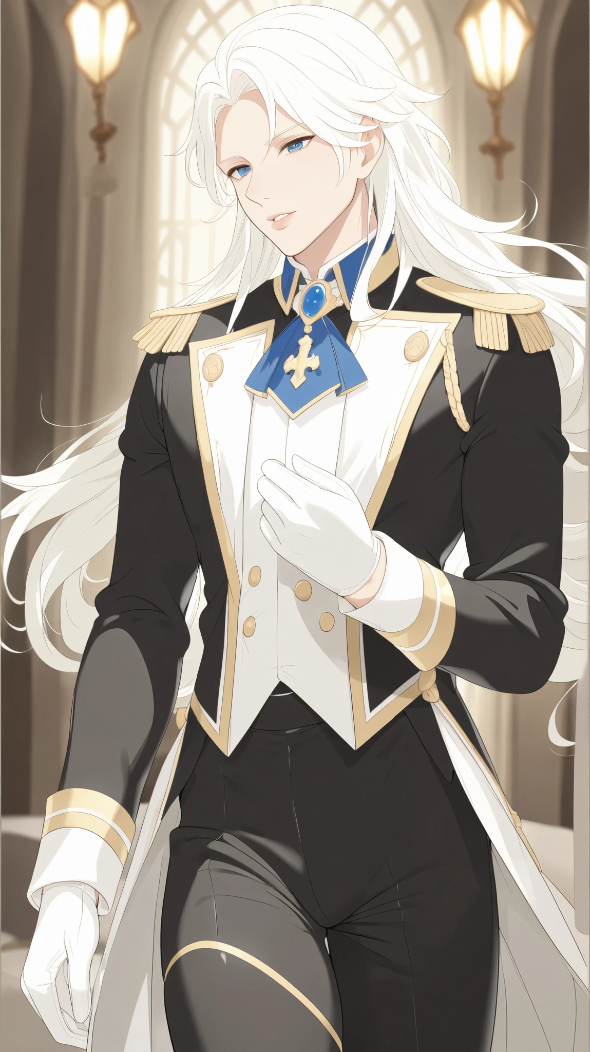 masterpiece, best quality, absurdres, 1man, male focus, shirt, solo, long white hair, (handsome detailed face), royal uniform, white gloves, black pants, thigh high boots, long hair, 8k resolution covered navel, full lips, perfect anatomy, cinematic lighting, intricately detailed, elegant, volumetric lighting