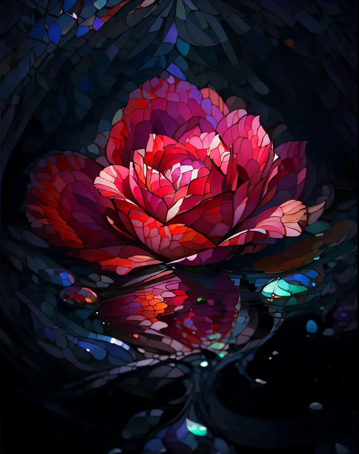 stained glass, (close-up of a flower:1.5), details, HD, 4K, balanced, Bright, contrast, Fractal Art,Stained Glass Stickers,Shattered glass, An amazing piece of stained glass art, Romantic Art, Calais , Soft tones, Deep Purple and Red from William Turner ,(Floral Still Life :1.5)