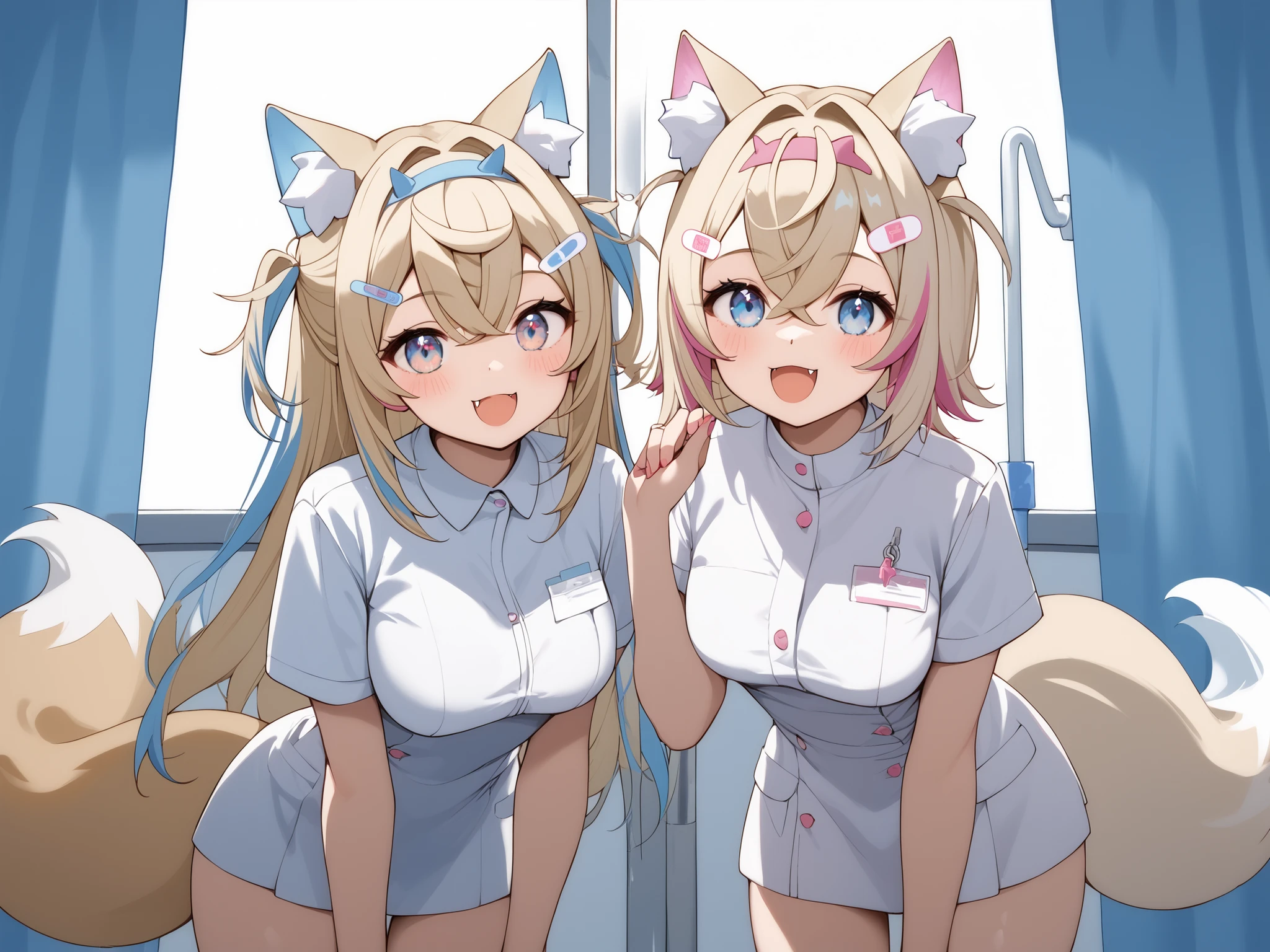 score_9, score_8_up, score_7_up,source_anime,1girl,standing,leaning forward,nurse costume,smile,in hospital,mococo abyssgard, animal ear fluff, animal ears, blonde hair, bandaid, bandaid hair ornament, blue eyes, dog ears, dog girl, dog tail, double-parted bangs, pink hairband, fake horns, fangs, hair between eyes, hairband, hairclip, horns, short hair, medium breasts, multicolored hair, pink hair, streaked hair, crossed bangs, x hair ornament