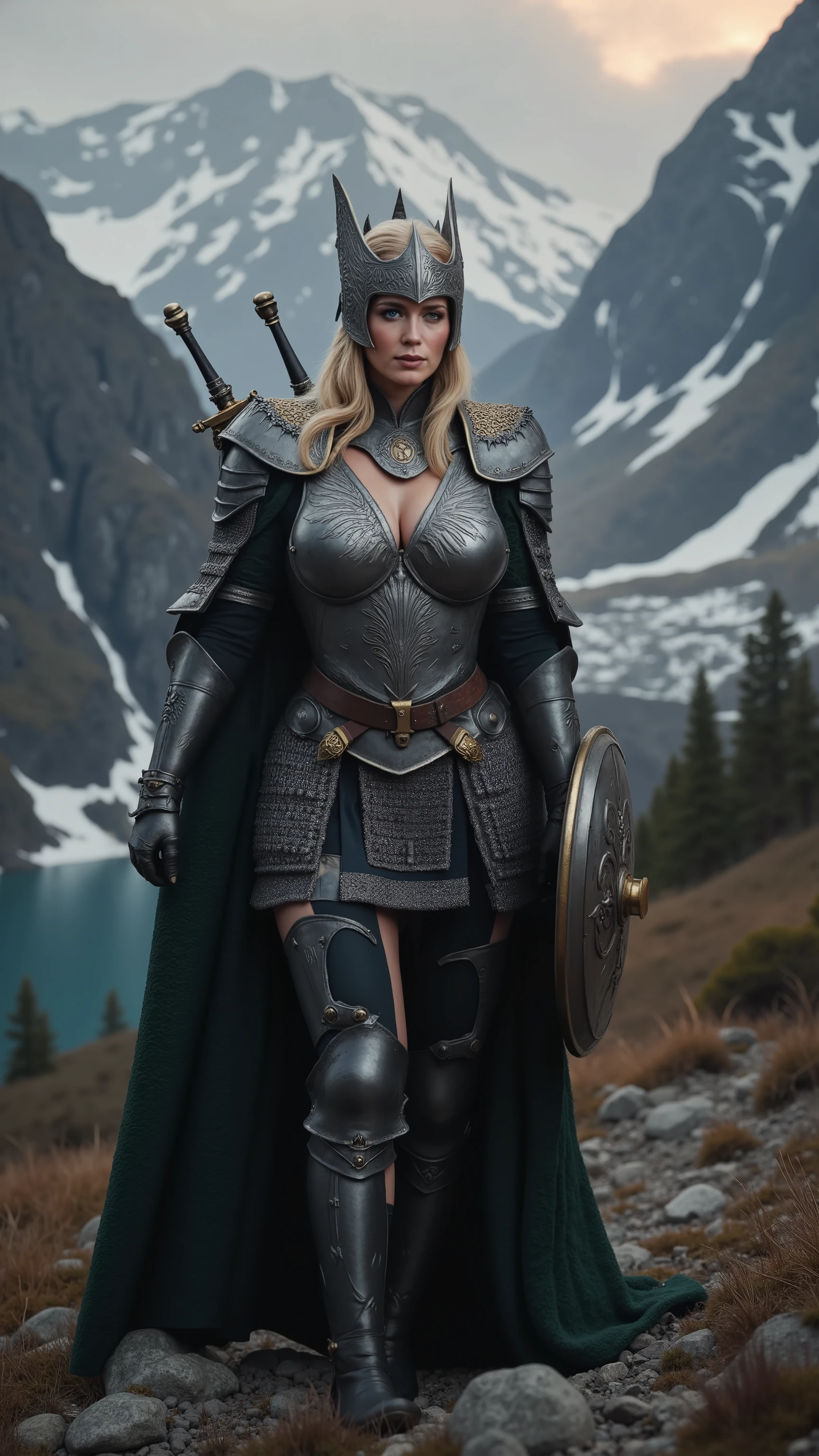 Emily Blunt reimagined as a mighty Valkyrie walking and holding a sword, 1 female､ full figure, full body, cleavage

Has medium-length ash-blonde hair, braided along the sides with loose strands framing her sharp cheekbones and strong jawline. Her piercing steel-blue eyes shine beneath a polished silver helmet adorned with winged engravings and intricate Norse patterns. 
She wears a tailored suit of dark iron armor with silver accents, designed to fit her athletic frame. The chest plate features an engraved Valknut, flanked by scaled shoulder guards with feathered detailing. Beneath the armor, she wears a deep charcoal leather bodysuit reinforced with steel stitching, allowing both protection and mobility. A dark grey leather belt, etched with Nordic runes, secures a split black battle skirt lined with chainmail. Her arms are covered with silver bracers featuring swirling knotwork, and black leather gloves enhance her battle-ready grip. A heavy, dark green cloak with fur-lined shoulders flows behind her, fastened with a raven-shaped brooch.

In one hand, she grips a finely crafted steel sword, its blade etched with ancient runes. A round shield rests strapped to her back, its surface weathered from battle.

The background features a rugged Nordic mountainscape at dusk, with towering peaks dusted in snow. A fjord stretches below, reflecting the deep orange and purple hues of the setting sun. Wisps of mist roll through the rocky cliffs, and distant pine forests sway in the cold breeze as black ravens circle overhead, their cries echoing through the valley..Big breast、 alluring 、shows her female character's full figure, athletic body, perfect face, full body, extremely beautiful, female shape, perfect anatomy, photorealistic, masterpiece, realistic, high contrast, 8k, HD, high definition detailed, detailed, hyper detailed, realistic skin texture, best quality, ultra high resolution, hyper realistic, no text, very detailed eyes, impressively bright and dramatic lighting