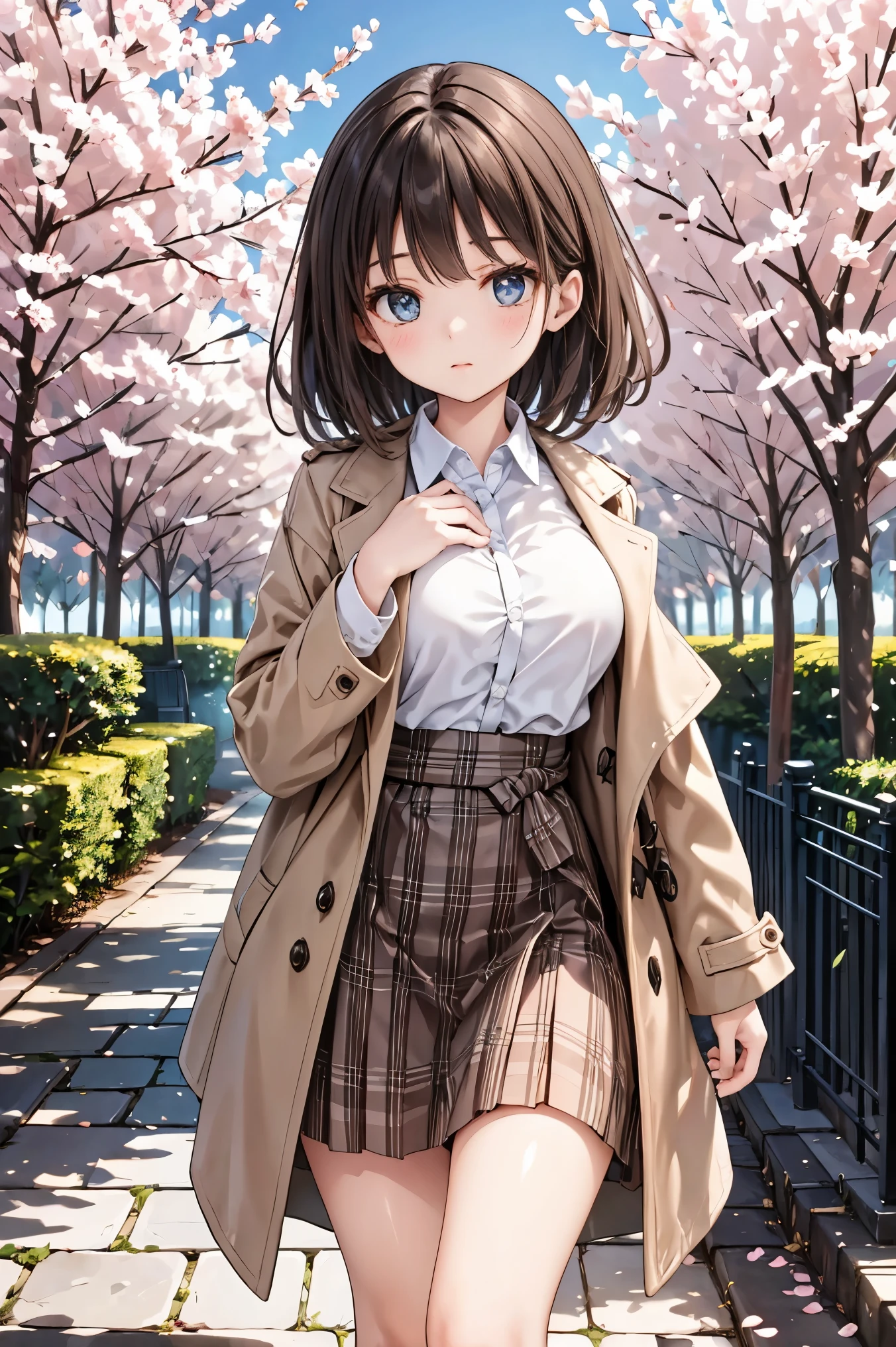 young woman wearing a stylish spring coat walks through a park lined with cherry blossoms in full bloom. She has long, dark brown, straight hair that reaches her chest. She wears a crisp white blouse tucked into a chic Glen check-patterned skirt. The soft pink petals gently fall around her as she strolls along the path, creating a serene and picturesque spring atmosphere. The warm sunlight filters through the branches, casting a gentle glow on her and the surroundings. The background features a spacious park with lush greenery and a peaceful ambiance