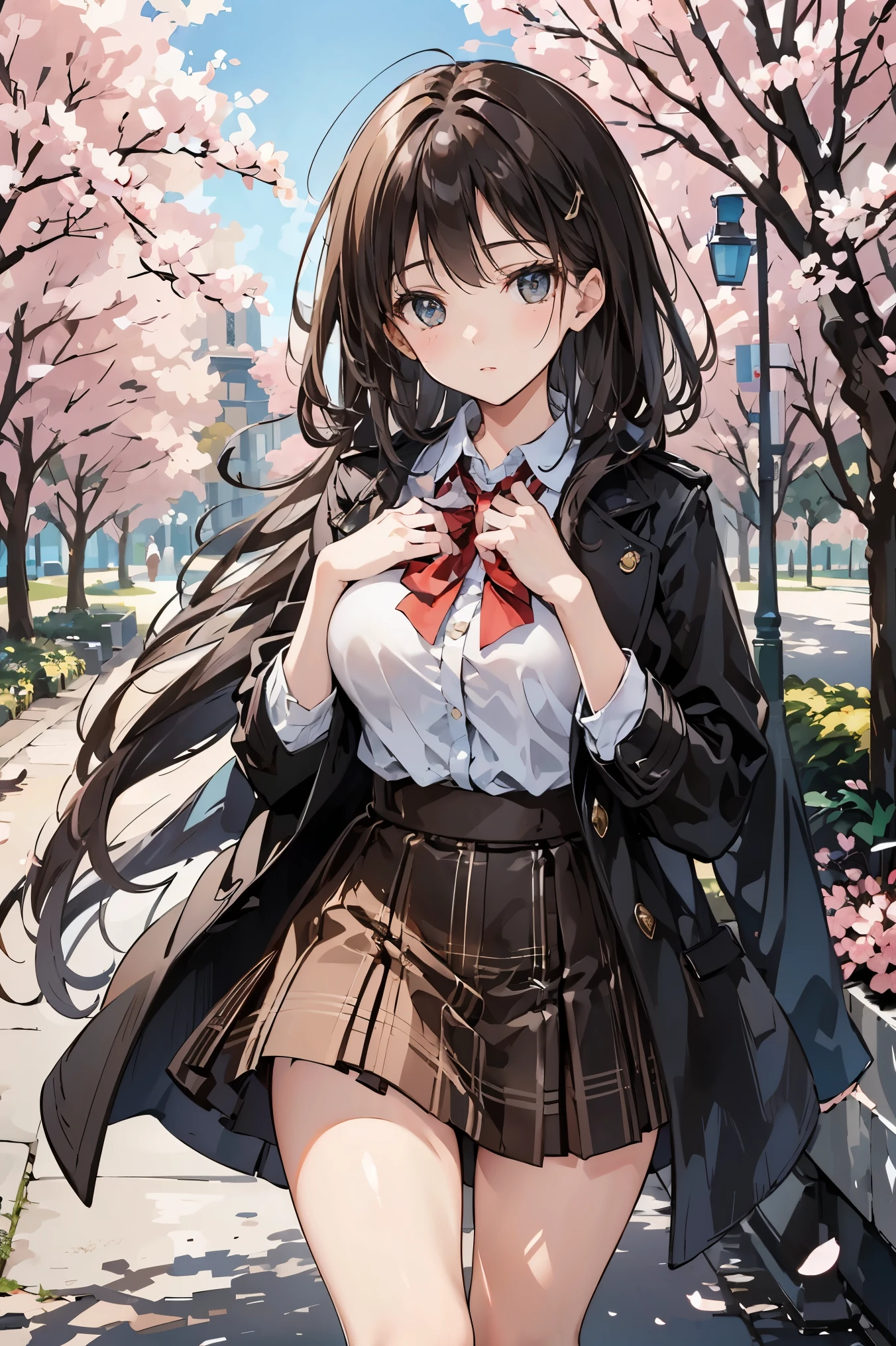 young woman wearing a stylish spring coat walks through a park lined with cherry blossoms in full bloom. She has long, dark brown, straight hair that reaches her chest. She wears a crisp white blouse tucked into a chic Glen check-patterned skirt. The soft pink petals gently fall around her as she strolls along the path, creating a serene and picturesque spring atmosphere. The warm sunlight filters through the branches, casting a gentle glow on her and the surroundings. The background features a spacious park with lush greenery and a peaceful ambiance