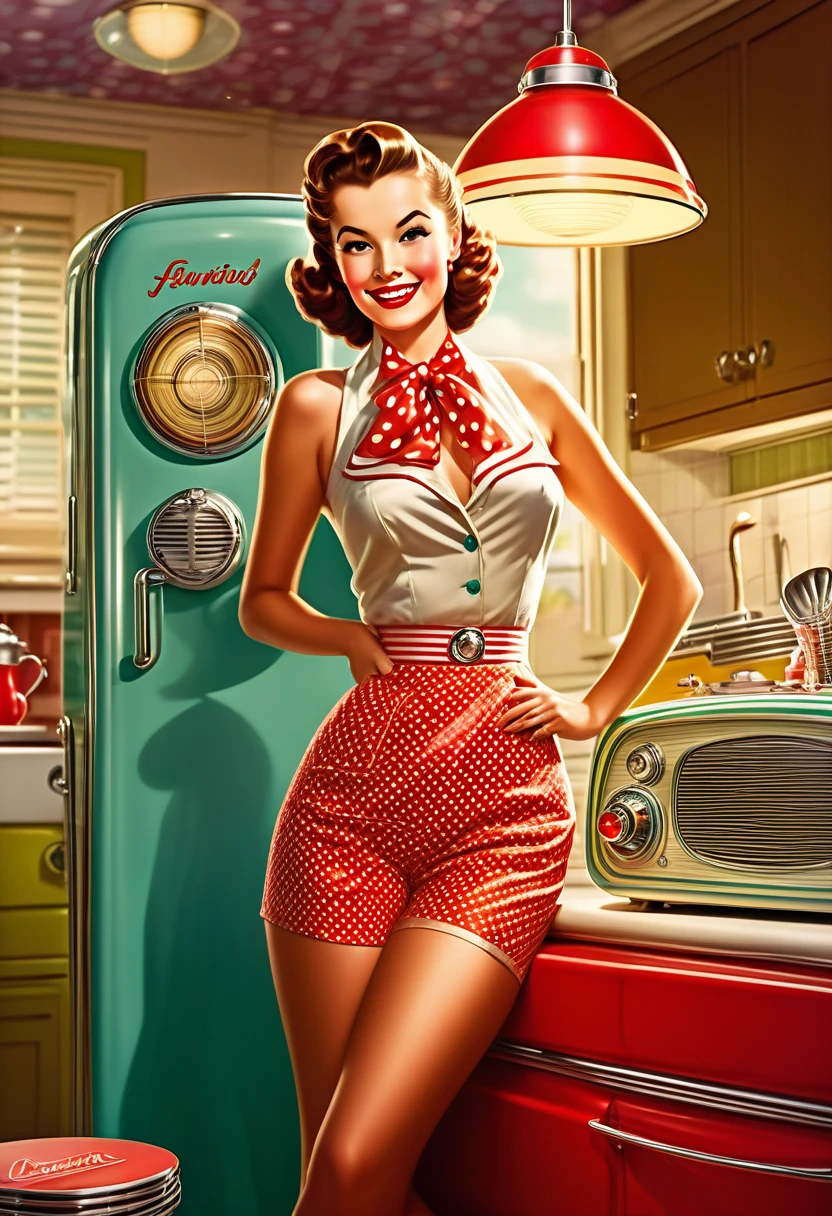 Transport yourself back to the 1950s with a vibrant and captivating pin-up scene. Picture a retro-style kitchen with checkered floors and colorful appliances. In the foreground, a sultry pin-up model, styled in classic 1950s fashion, poses provocatively next to a vintage refrigerator, The model's attire features a polka-dot halter top and high-waisted shorts, accentuating her curves. She wears retro pumps and accessorizes with a red bandana tied around her hair. With a playful expression and a coy smile, she holds a wooden spoon while glancing over her shoulder, Behind her, a radio plays nostalgic tunes, adding to the lively atmosphere. Sunlight filters through the window, casting a warm glow on the scene. The kitchen is adorned with posters of glamorous pin-up artwork and retro advertisements, enhancing the nostalgic ambiance, This pin-up scenario captures the essence of 1950s glamour and allure. The mood is playful and flirtatious, celebrating the timeless charm of vintage pin-up aesthetics. The scene radiates with warmth and nostalgia, inviting viewers to appreciate the timeless beauty and captivating style of the era.,