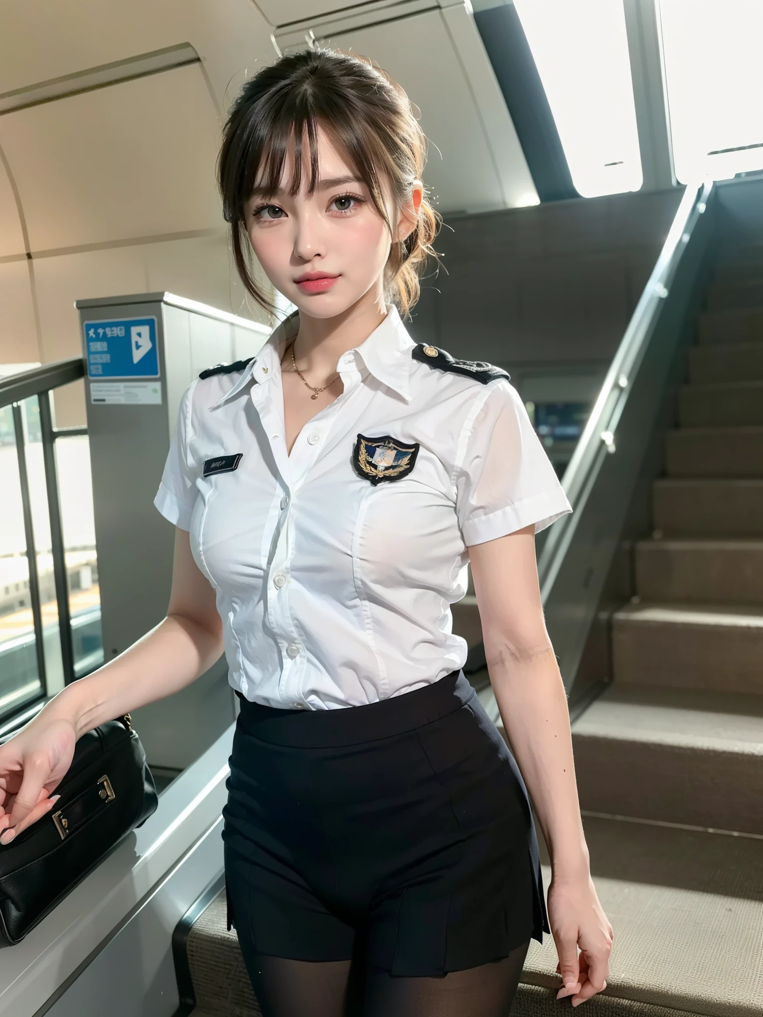 ((top quality, 8k, masterpiece: 1.3)), beauty, 1 girl, big: 1.3, (abs, slender figure: 1.1), dark brown hair, (wet from rain, wet body: 1.1), ultra detailed face, detailed lips, detailed eyes, double eyelids, mini skirt, ((policewoman)), (police uniform), detailed police car interior, police car, passenger seat, baton, handcuffs, handgun, Thighs