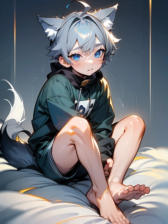1boy, , onesie, animal hood, Animal print, whiskers, Indoors, Bedroom, stuffed animal, on the beds, Sitting, knees up, (PAW Pose:1.2), Smile, (:3:1.1), Open mouth, blush, window, (nigh sky:1.01), Barefoot, soles