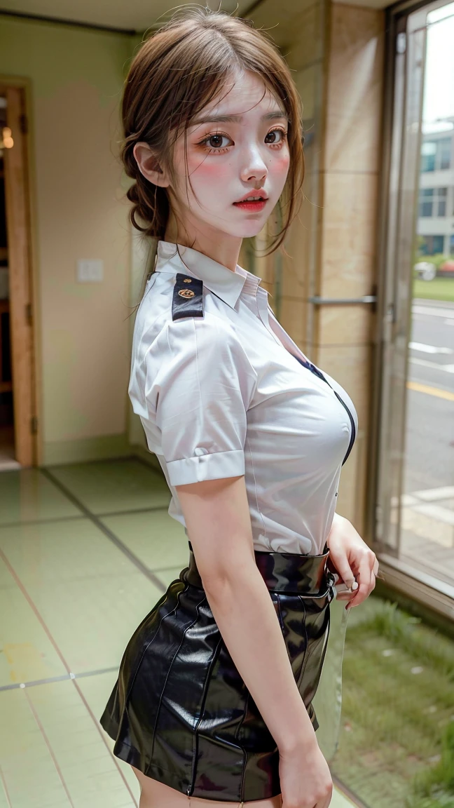 In town、(Female police uniform、Female Cop Costume、Female Cop Cosplay、Female police uniform、Policewoman costume、Mini skirt with slit:1.3、Sexy、White panties)、1 girl、Medium breast、Short Bob Hair、masterpiece:1.3、Raw photo、Highest quality、Highest quality、Detailed image quality、Detailed Background、
