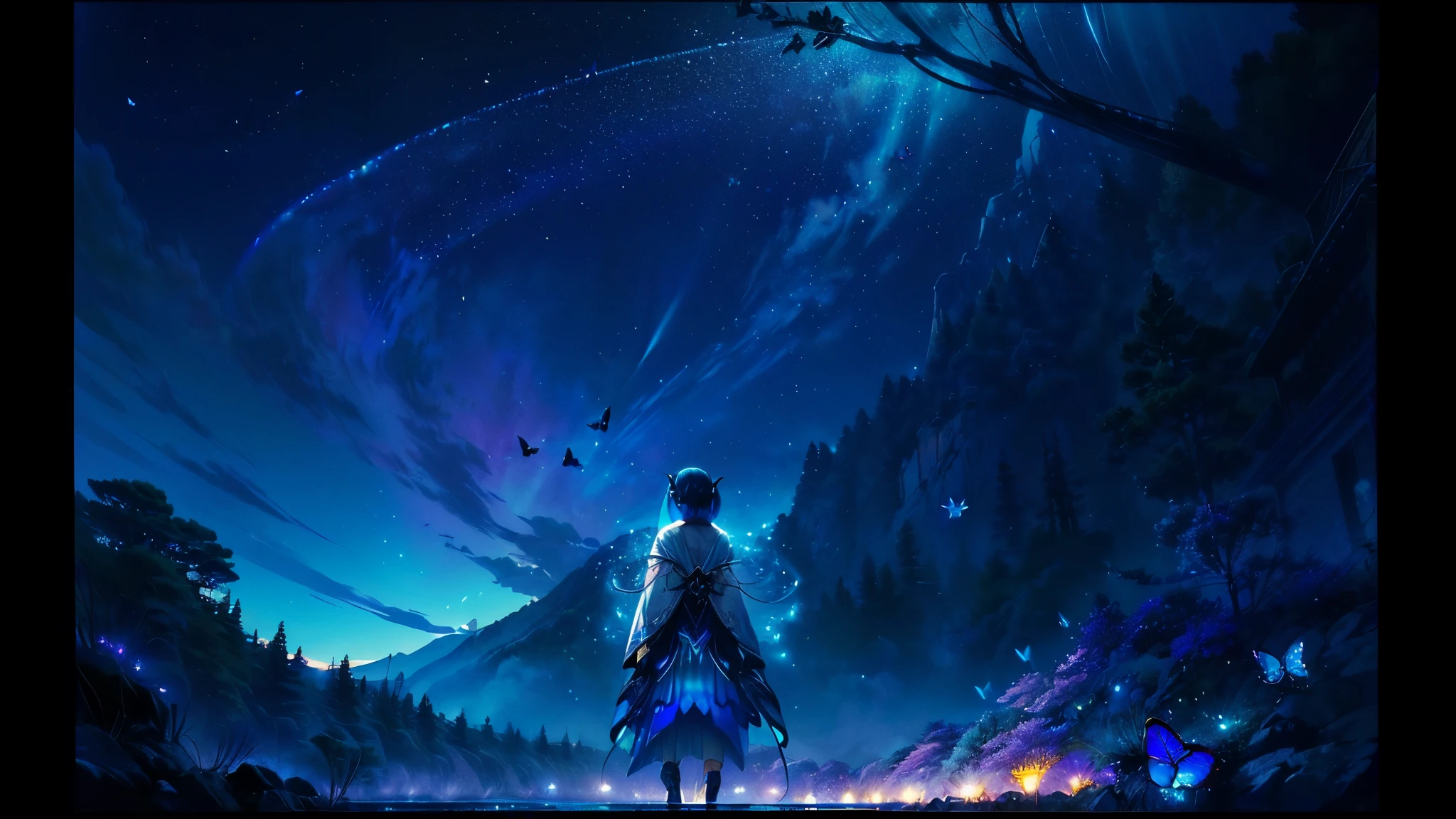 超 high definition, high definition, high quality , Spectacular Scenery ,((息をのむような美しい Milky Way銀河))),((( large groups of cobalt blue morpho butterflies flying above the water)).((morpho butterflies shining like neon signs)), shot with a fisheye lens ,((( mystical atmosphere ))), Beautiful Sunset , Majestic Atmosphere, Milky Way, star, star屑, Milky Way, 流star, ((( people in Manfu))), Beautiful Sunset , Bioluminescent flowers and trees at the bottom of the valley々Covered in, ((Mountain々Countless firefly lights shining on)),