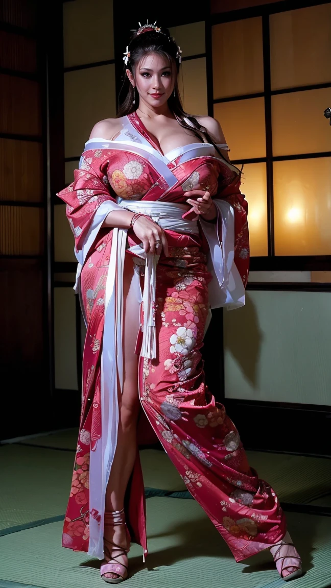 (Classroom window background), (smirk), 1girl, geisha, dark skin asian, tan skin asian, brown skin asian, brown skin, dark skin, tan skin, bleach blonde hair, pale yellow hair, geisha hairstyle, green eyes, hourglass figure, curvy body, thick body, petite_body, short height, large breasts, huge breasts, oppai, large cleavage, red kimono, black heels,
