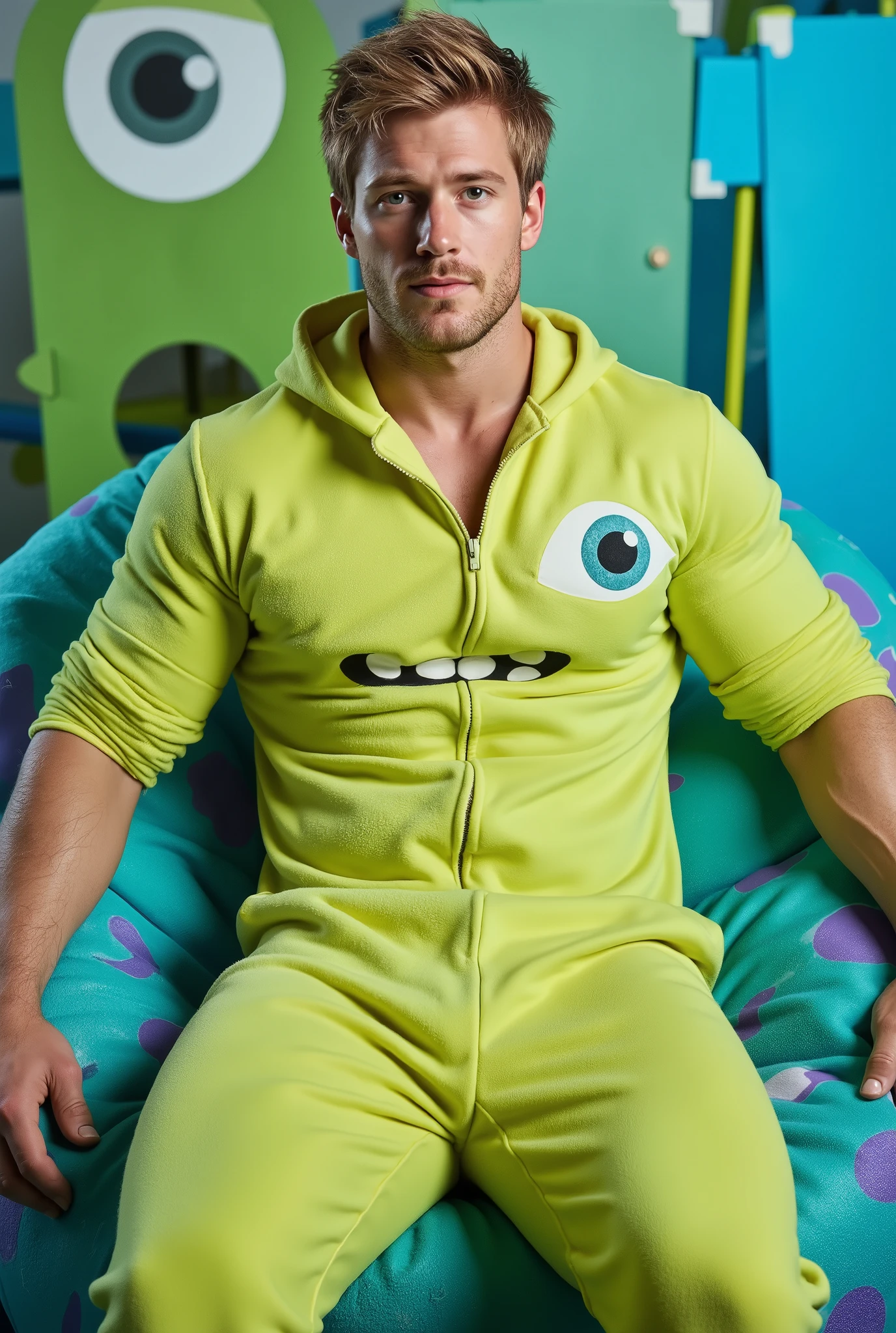 Masterpiece, Accurate, Award Winning, Best Quality, Extremely Detailed, 8K, HD, Super-Resolution, Cinematic Lighting, F/11 Depth Of Field, Photorealistic, Full Coloured, Shot on 70mm, 5D. A handsome, blonde, blue-eyed man with a muscular physique poses playfully in a vibrant, high-energy photoshoot, reimagining Mike Wazowski from Monsters Inc in a fun and flirtatious way. He wears a snug, lime-green monster onesie designed to resemble Mike’s iconic round shape, complete with a large, cartoonish eyeball on the chest and two soft white horns adorning the hood.  

His short, tousled golden hair peeks from beneath the hood, framing his sharp jawline and playful, mischievous grin. His striking blue eyes sparkle with amusement as he tilts his head slightly, embodying a cheeky yet confident energy. The onesie hugs his muscular torso, subtly showing off the definition of his abs beneath the plush fabric. His long, toned legs stretch beneath him, the soft fleece clinging to his powerful thighs, while his bare feet peek out from the bottom, adding a relaxed and playful charm to the look.  

The setting is a bright, neon-lit studio filled with oversized cartoon-style props—giant foam eyeballs, playful green and blue door cutouts, and soft, round cushions mimicking Monsters Inc’s whimsical aesthetic. He lounges casually on a giant bean bag shaped like a scream canister, one arm resting behind his head, the other pulling the zipper of his onesie slightly lower, revealing just a hint of his toned chest. The colourful lighting casts a lively, dynamic glow, enhancing the surreal, almost animated feel of the shoot. The contrast between his rugged handsomeness and the absurd cuteness of the costume creates a bold, lighthearted fusion of hood nostalgia and playful adult fantasy.