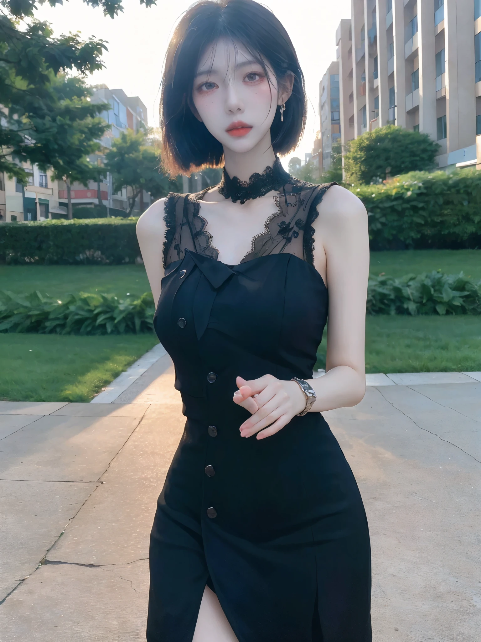 Black dress posing for photos, beautiful asian girl, Korean girl, cute thin face of girl, young woman, short hair, sakimichan, ((best quality, 8k, masterpiece: 1.3)), focus: 1.2, perfect body beauty: 1.4, buttocks: 1.2, (layered haircut, beautiful breasts: 1.2, big breasts: 1.5)), (wet clothes: 1.1) , (Rain, Street: 1.3), bandeau dress: 1.1, Highly detailed face and skin texture, delicate eyes, double eyelids, whitened skin, long hair, (shut up: 1.3), after rain, (sky rainbow: 1.1), (black dress: 1.2), gorgeous street