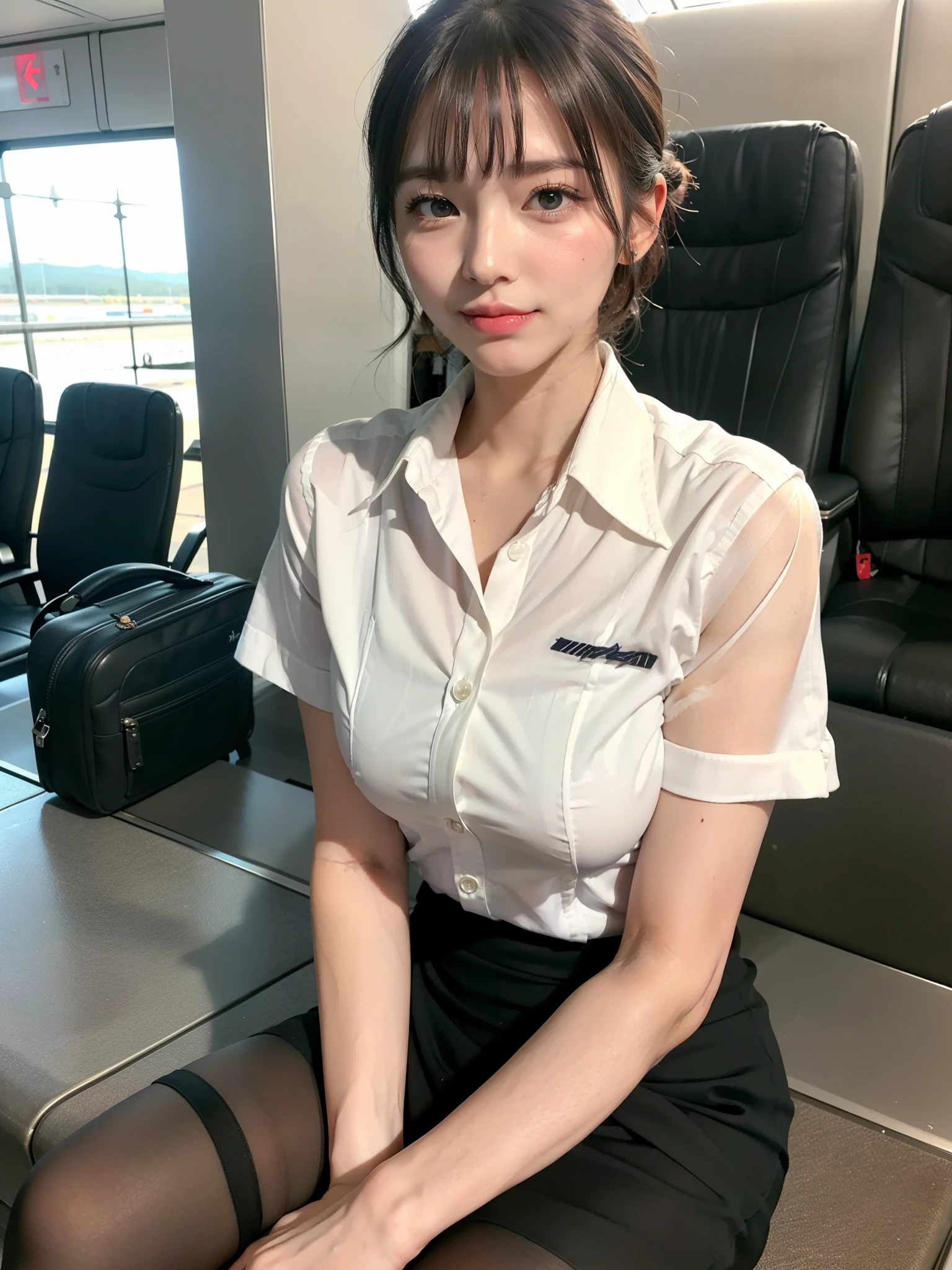 See-through purple polo shirt、Transparent nipples、Big Tits、Transparent polo shirt、See-through pantyhose、Transparent pantyhose、Cabin attendant、In-flight、plane、airport、Pussy line、Bite、Spread your legs、Purple Hair