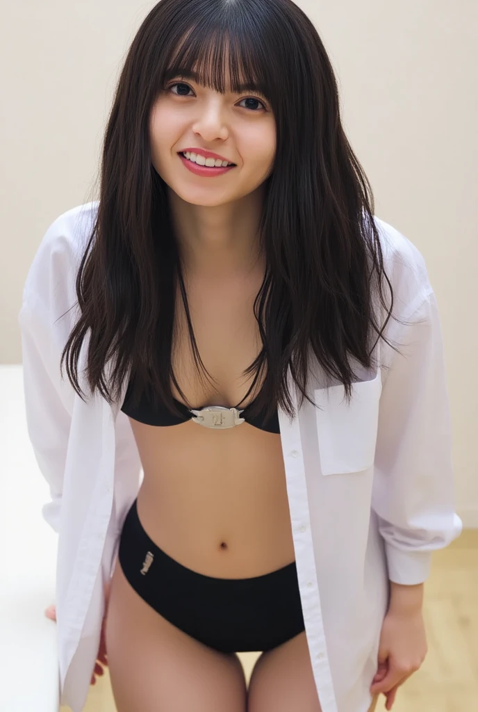 1 woman, Las Vegas Background, (Highly detailed body, very detailed face, top quality:1.5), (25 year old woman), looking at viewer, A smile with visible teeth, I can't see her hands, (beautiful hairstyle:1.2), (Her thighs are very beautiful:1.3), (8 thousand:1.4), (Wearing a beautiful silk long coat:1.3), (skin glow:1.3), (small breasts:1.3), The Most Beautiful Women, Beautiful cotton panties with ribbons, small breasts,