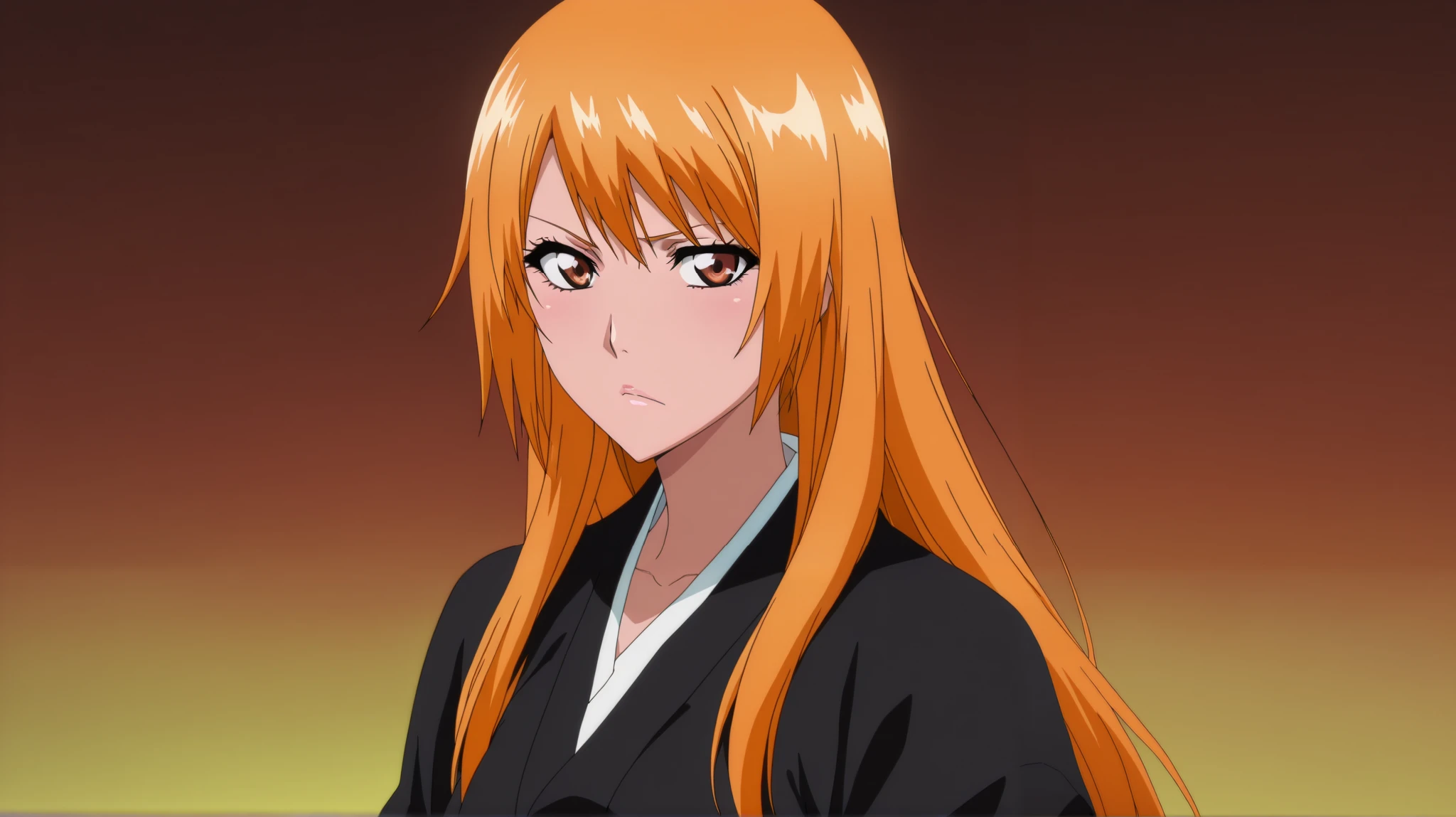 masterpiece, best quality, intricate details, anime screencap, anime coloring, official style, looking at viewer, depth of field, 1girl, solo, female focus, ichigo_kurosaki,, orange long hair, brown eyes, japanese black clothes