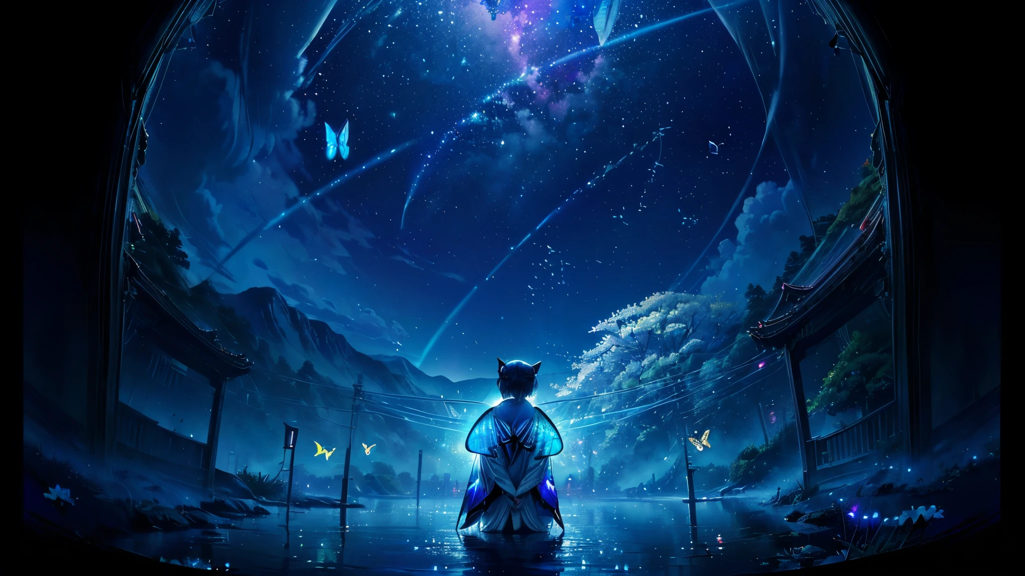 超 high definition, high definition, high quality , Spectacular Scenery ,((息をのむような美しい Milky Way銀河))),((( large groups of cobalt blue morpho butterflies flying above the water)).((morpho butterflies shining like neon signs)), shot with a fisheye lens ,((( mystical atmosphere ))), Beautiful Sunset , Majestic Atmosphere, Milky Way, star, star屑, Milky Way, 流star, ((( people in Manfu))), Beautiful Sunset , Bioluminescent flowers and trees at the bottom of the valley々Covered in, ((Mountain々Countless firefly lights shining on)),