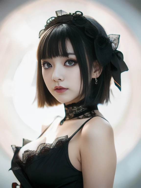 Surreal、A masterpiece of delicate and detailed line drawing、Highest quality、Highest quality、(One Woman、16 years old、(Big Breasts:1.3), (Big Ass:1.3)、(Black Hair、Hime cut, short hair:1.2)、(Natural Makeup、Eyelash extensions、Draw eyelashes sharply、Eyebrows are thin and short、Deep orange blush:1.1)、(Spaced out、Looks sleepy、Open your mouth、cheeks turn a little red:1.2)、(Simple black hair accessories、Gothic dress with exposed chest:1.3))、Dark Rose Gardens、Purple Rose、(Blur the background:1.3)、(Top view of the subject:1.1)、Photo from thigh up