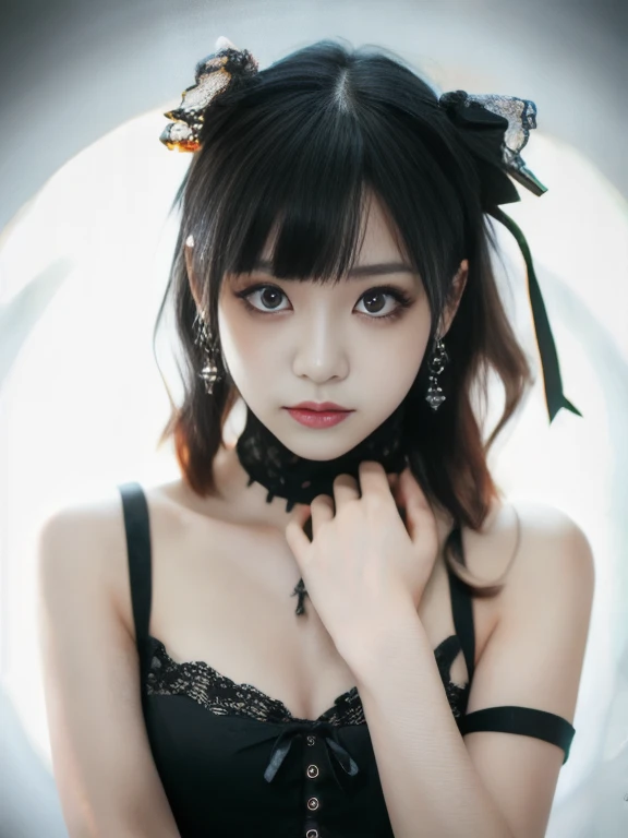 8k, Ultra-high resolution, Highest quality, masterpiece, 三分割法によるphotograph,Surreal, photograph, 1 Girl, (16 years old:1.3), pretty girl, Cute Face, Beautiful eyes in every detail, 細かくdetailedに,masterpiece,One Girl:1.2,Japanese female announcer,extream close up,Serious expression,Black short hair,Updo hairstyle,Maid Android,((Fusion of Gothic Lolita and Lolita fashion:1.3)),bracelet, chest, choker, clavicle, Earrings,Futuristic cityscape ,Perfect and beautiful face ,完璧でCute Face, Skin with attention to detail, Perfect limbs、Narrow waist,Looking at the audience,(((Ideal body type))),Aカップの小さなchest :2,Portraiture:2,Perfect ???????,鮮明なdetailed,detailed,Surreal,Light and shadow,stage lights