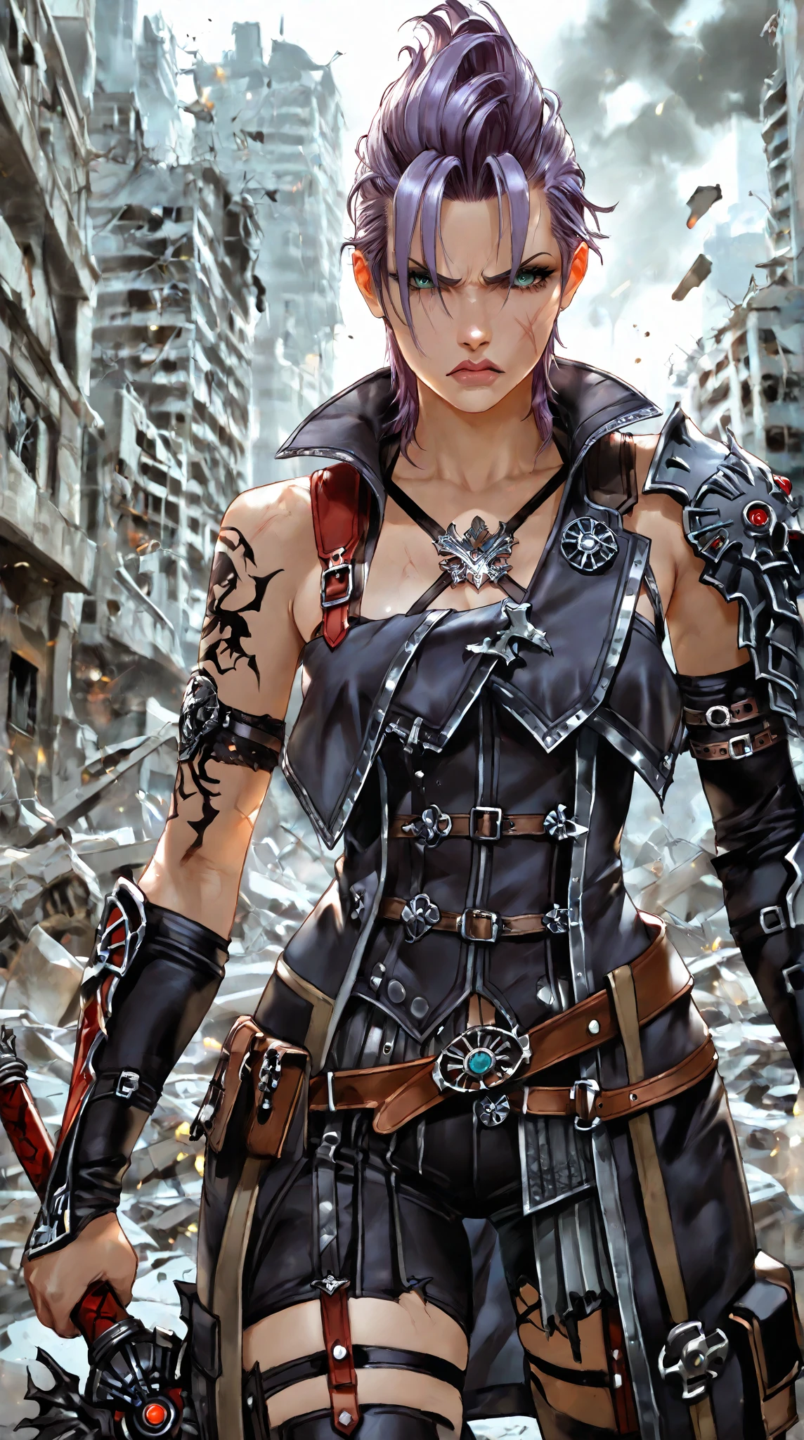 Cinematic lighting、16k picture quality、highlydetailed skin、masutepiece,1girl in, Solo、Best Quality,cyberpunked,(1beautiful woman、Detailed beautiful facial features:1.3)(Red color medium bob hair)blue eye break cinematic lighting、16k picture quality、highlydetailed skin,1girl in, Solo、Best Quality,cyberpunked,(1beautiful woman、Detailed beautiful facial features:1.3)(Red color medium bob hair、Long bangs:1.3)(well-shaped breasts:1.3)Blue eyes that are about to leak, down jacket combat uniform、belly button baggy pants、Touch your hair with one hand(A smile、Look down at me:1.3)(1 Pick up a high-tech weapon:1.5)、Dirt and blood stains can be seen on the body(a sultry、Steam from the body:1.4)(An old factory that no one uses、Destroyed robots:1.2)(Large helicopter for pick-up and drop-off in the sky、Angle from below:1.4)