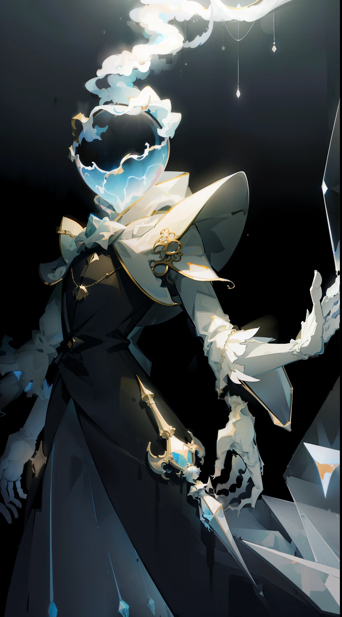 1 person, Male 1 Person, masterpiece, closeup of a , Light from the Ceiling , White Cloak , black suit , Details, Nice, 4K, break at the head of the moon, not human, movie, dramatic,Contrast, night , fog, mystical , Digital Art , (translucent glass body :1.2), Translucent Arms , (Glass Doll), whole