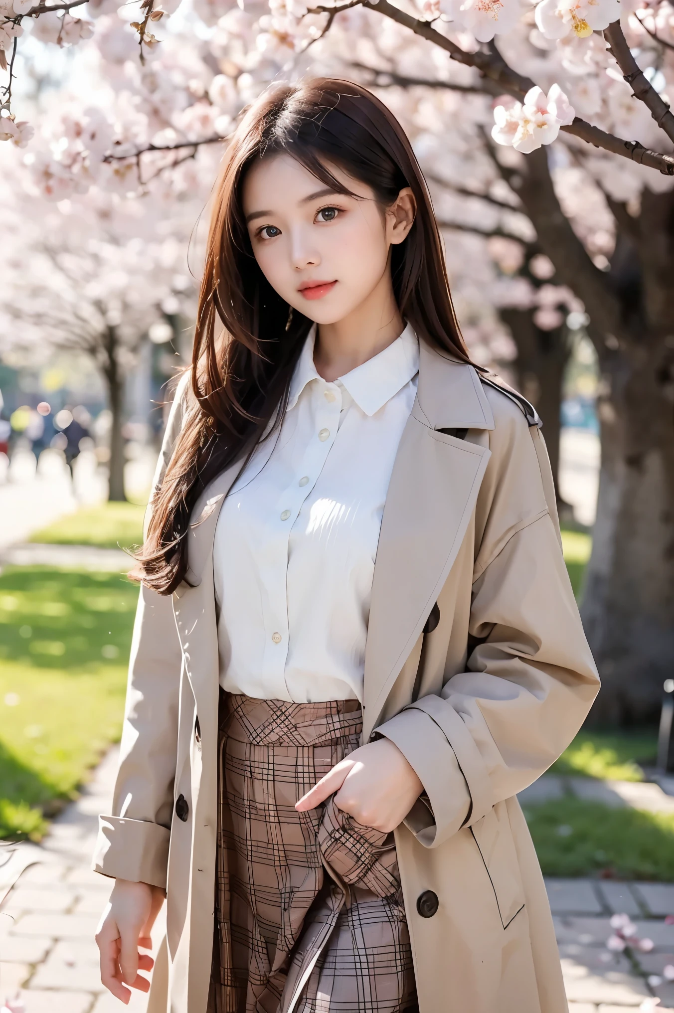 young woman wearing a stylish spring coat walks through a park lined with cherry blossoms in full bloom. She has long, dark brown, straight hair that reaches her chest. She wears a crisp white blouse tucked into a chic Glen check-patterned skirt. The soft pink petals gently fall around her as she strolls along the path, creating a serene and picturesque spring atmosphere. The warm sunlight filters through the branches, casting a gentle glow on her and the surroundings. The background features a spacious park with lush greenery and a peaceful ambiance
