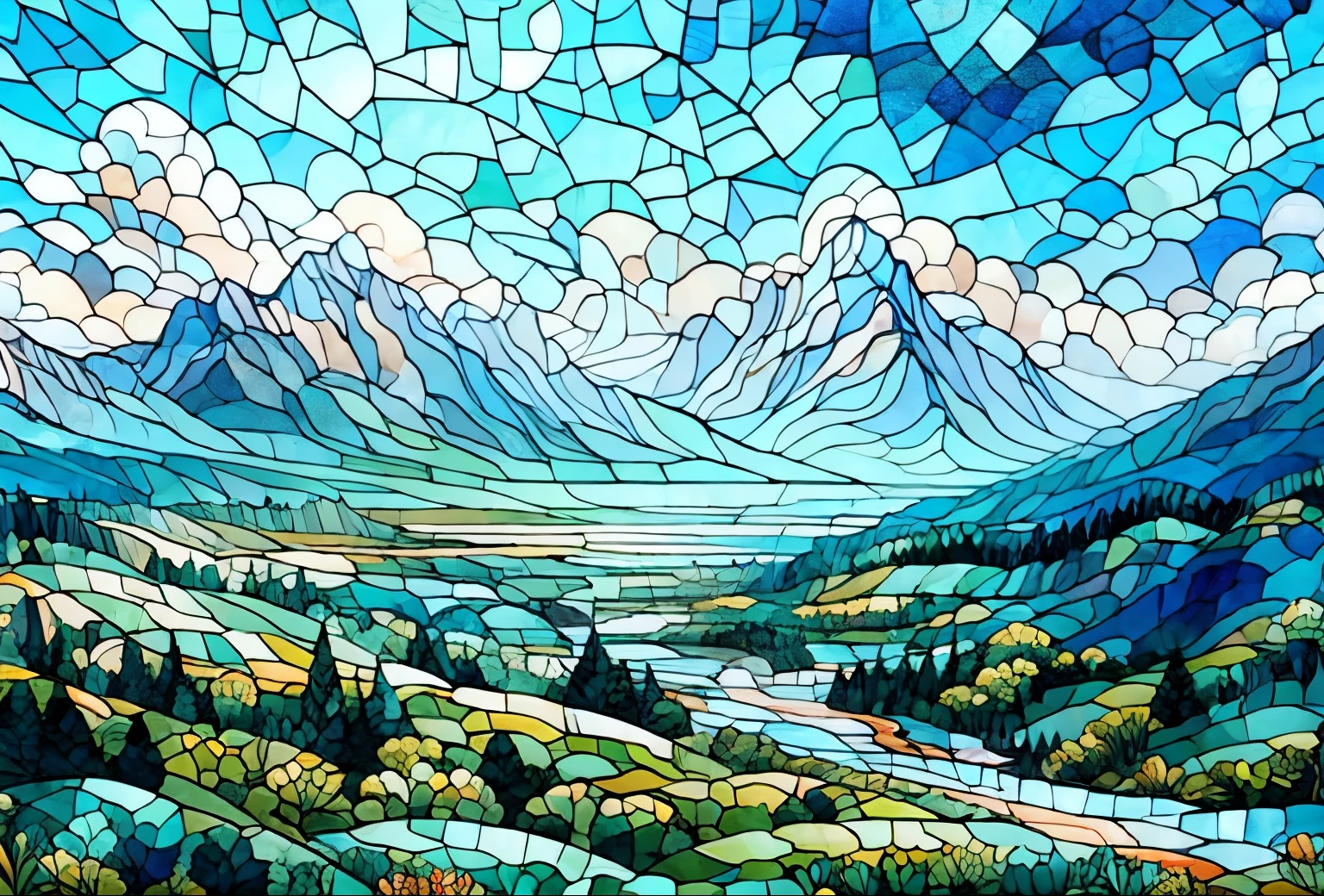 stained glass, (Feeling of aerial photography of the sky,Blue sky,Clouds below,High altitude atmosphere:1.5), details, HD, 4K, balanced, Bright, contrast, Fractal Art,Stained Glass Stickers,Shattered glass, An amazing piece of stained glass art, Romantic Art, Calais , Soft tones, landscape from William Turner,(glass mosaic,:1.5)