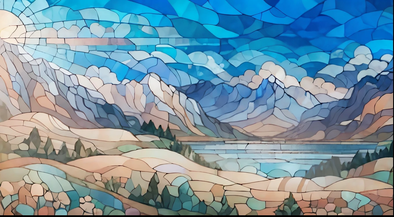 stained glass, (Feeling of aerial photography of the sky,Blue sky,Clouds below,High altitude atmosphere:1.5), details, HD, 4K, balanced, Bright, contrast, Fractal Art,Stained Glass Stickers,Shattered glass, An amazing piece of stained glass art, Romantic Art, Calais , Soft tones, landscape from William Turner,(horizon,glass mosaic,:1.5)