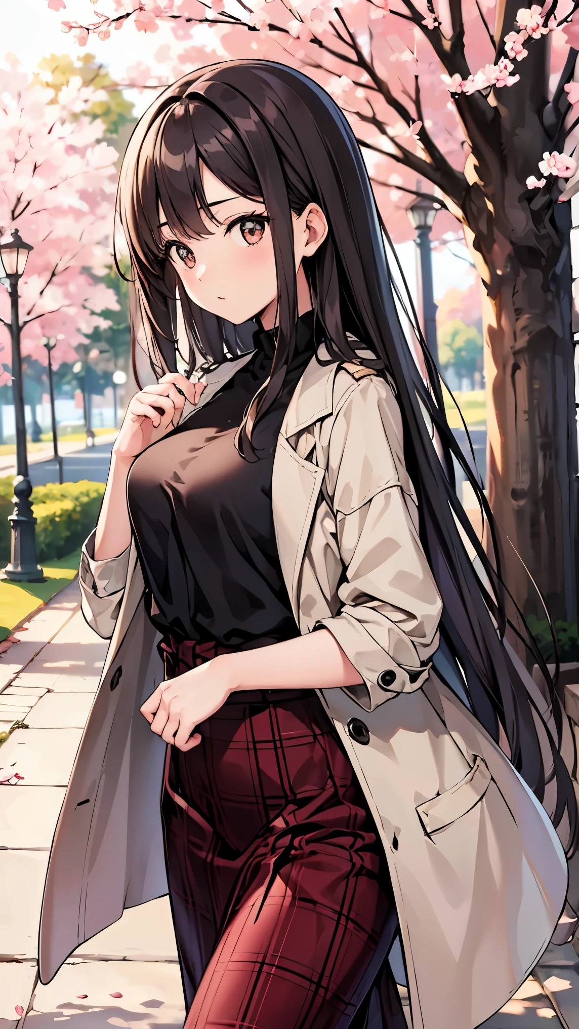young woman wearing a stylish spring coat walks through a park lined with cherry blossoms in full bloom. She has long, dark brown, straight hair that reaches her chest. She wears a crisp white blouse tucked into a chic Glen check-patterned skirt. The soft pink petals gently fall around her as she strolls along the path, creating a serene and picturesque spring atmosphere. The warm sunlight filters through the branches, casting a gentle glow on her and the surroundings. The background features a spacious park with lush greenery and a peaceful ambiance