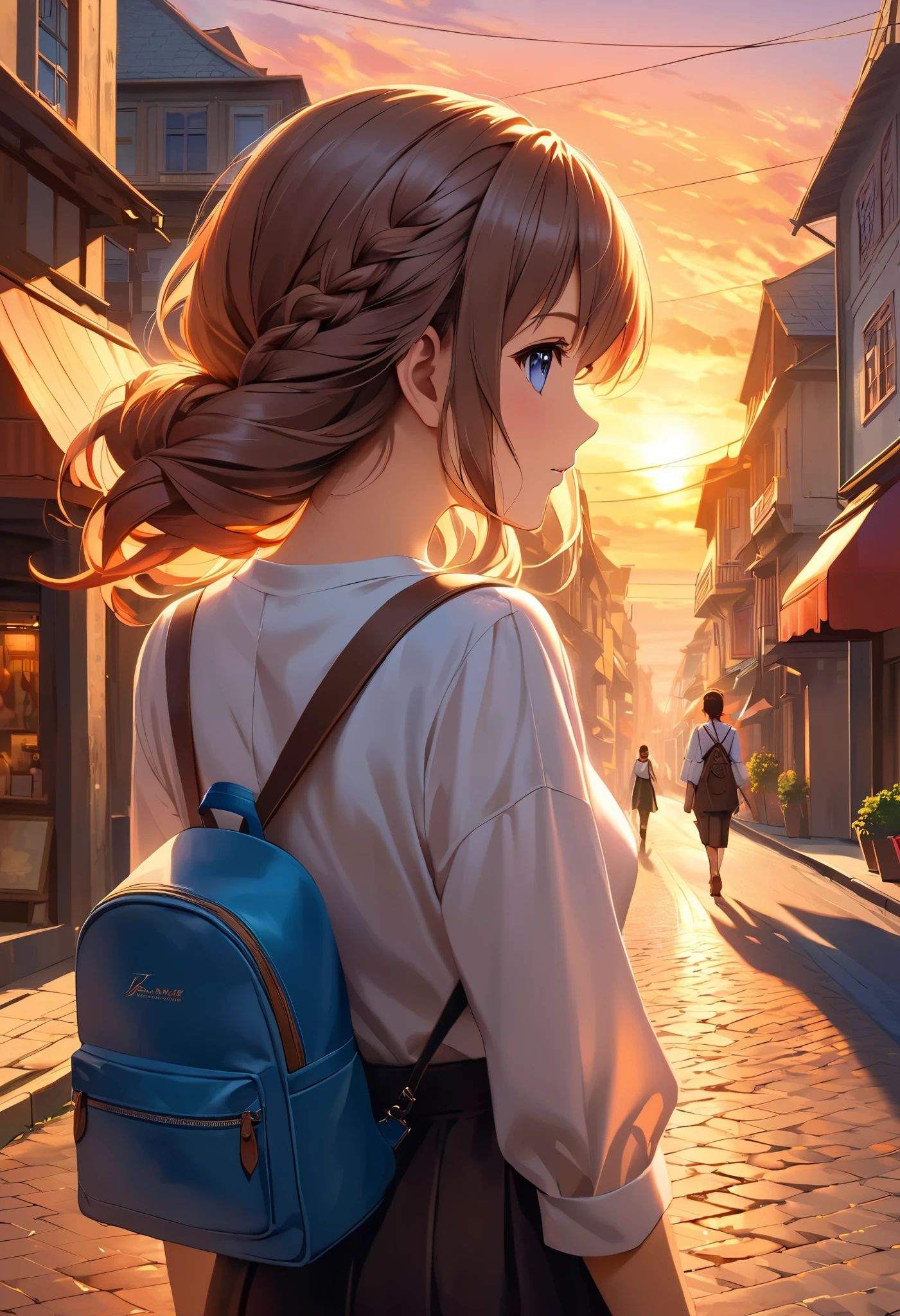 Cinematic Oil Painting, Fascinating Anime , Walking the Streets, Journey on the Road, A Beautiful Sunset Creates Today's Satisfaction, Very Beautiful Back View...