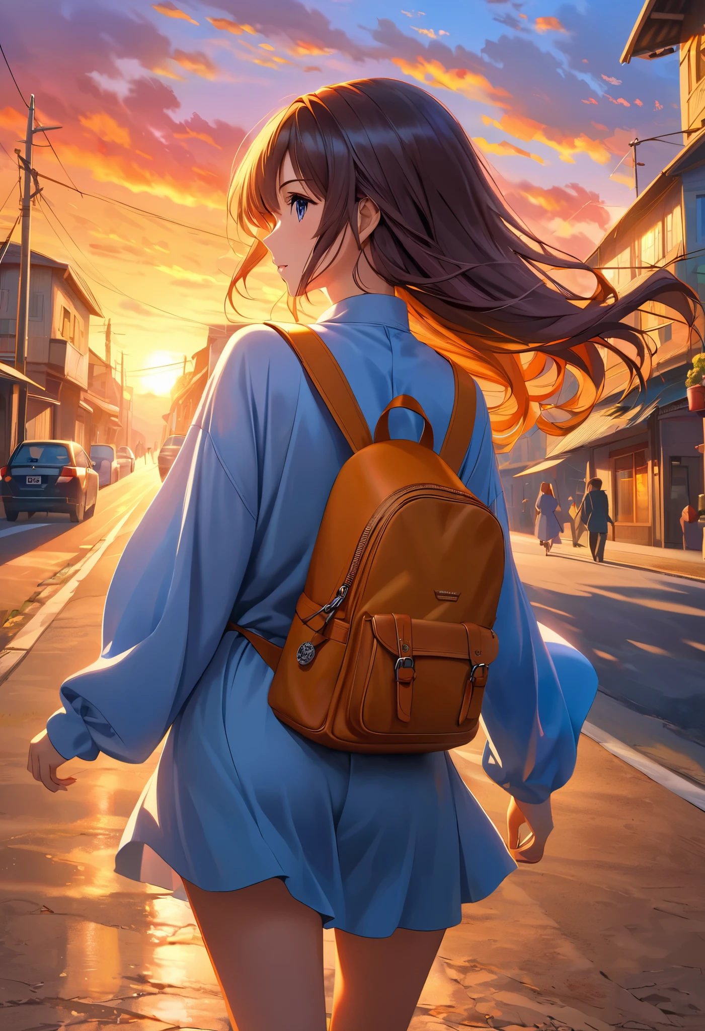 Cinematic Oil Painting, Fascinating Anime , Walking the Streets, Journey on the Road, A Beautiful Sunset Creates Today's Satisfaction, Very Beautiful Back View...