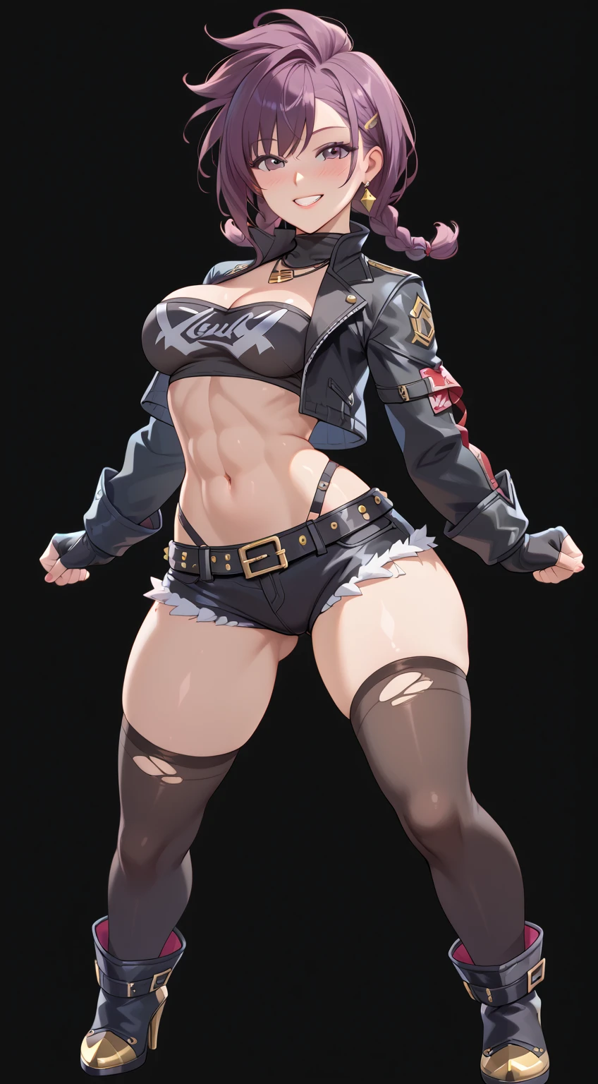 1girl, curly red pixie cut hair, green eyes, wearing crop top black shirt, red plaid skirt, (black knee high boots), thigh high socks, black fingerless gloves, jacket, exposed shoulders, thick thighs, (full body), large breasts, freckles, abs, absurdres, high res, ultrasharp, 8K, masterpiece, looking at viewer