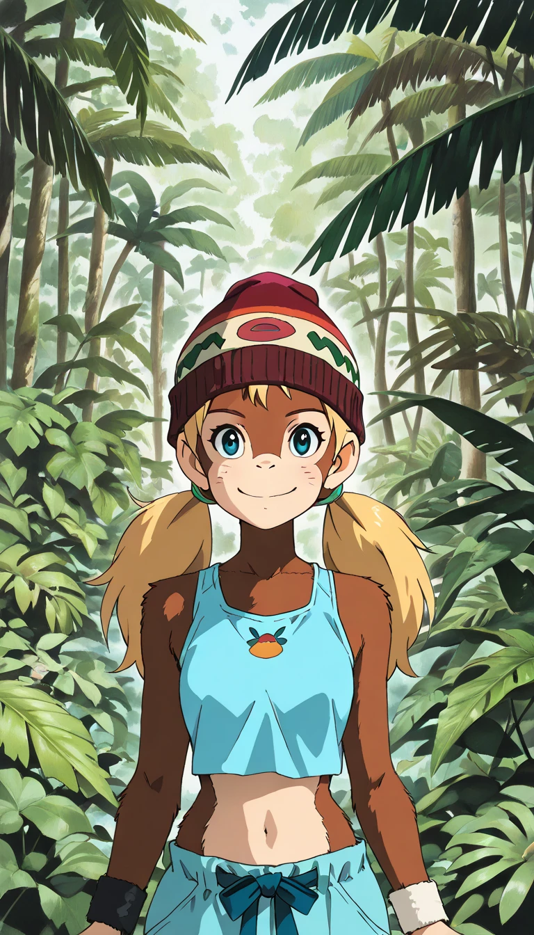 (score_8, score_8_up, score_7_up, t_kong, monkey female, anthro, furry), (extremely detailed CG unit 8k wallpaper),(master part), (best quality), (ultra detail), (best illustration),(ghibli_style), cowboy shot, close up, standing, facing viewer, looking at viewer, perfect face, perfect eyes, perfect fingers, (Sharp eyeliner, ombre, detailed eyes:1), traditional media, ghibli landscapes, outside, jungle, banana trees, break , upper body, solo, smile, (beanie, blonde hair, twintails, blue eyes, blue crop top, no sleeves, wristband, midriff, brown fur)