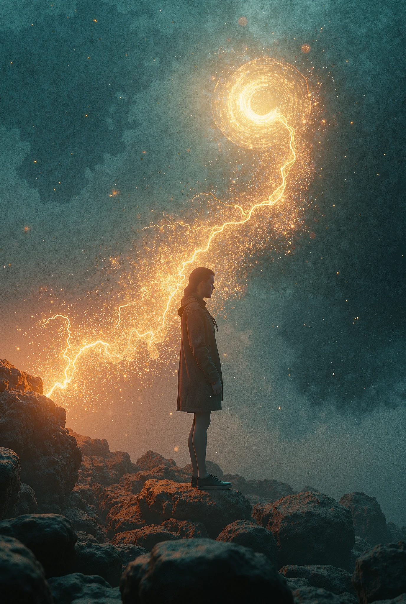 There is a woman standing on a rocky hill looking at a bright light ...