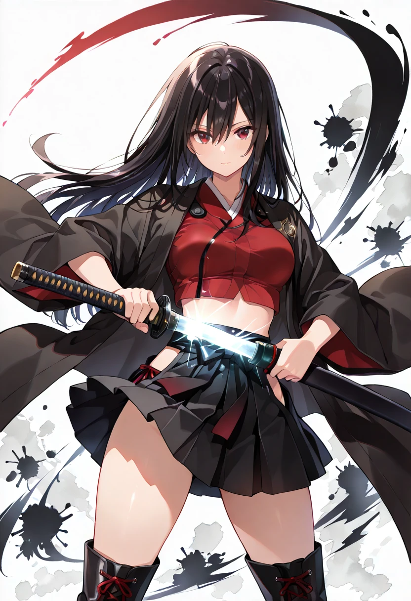 masterpiece, Best quality, Drawing of a black-haired futuristic female ninja illustration, watercolor (medium), 1girl, breast, Dressed in sophisticated modern ninja costumes,Equipped with traditional and technological weapons. She has long black hair,Tied with a red ribbon and a symbol。She must be wearing a high-end black outfit with red accents,These include letters. She holds a dagger,The hilt and scabbard have intricate patterns. The background is the Edo period, Five fingers, Right fist.