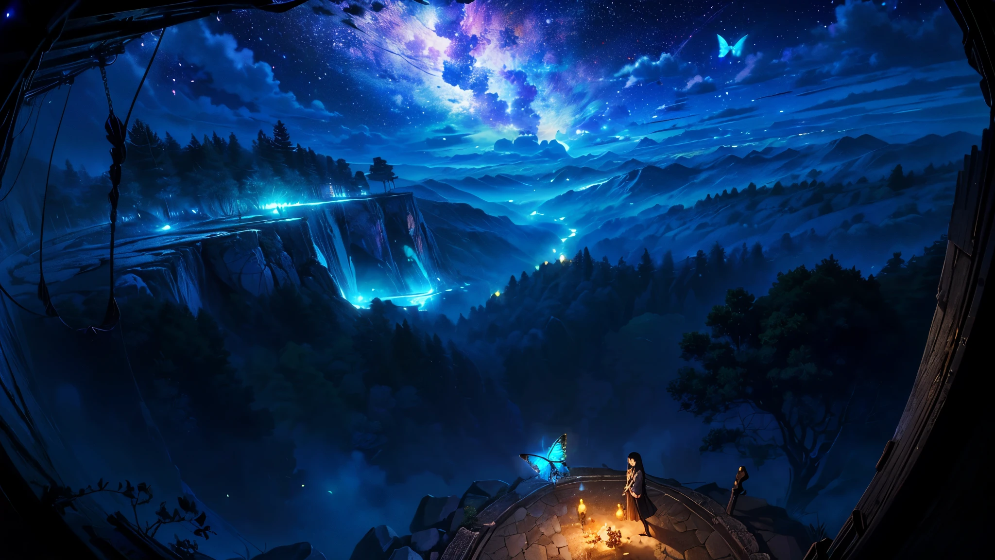 超 high definition, high definition, high quality , Spectacular Scenery ,((息をのむような美しい Milky Way銀河))),(((水の上を飛び回っているコバルトブルーにShineモルフォ蝶の大群)).((morpho butterflies shining like neon signs)), shot with a fisheye lens ,((( mystical atmosphere ))), Beautiful Sunset , Majestic Atmosphere, Milky Way, star, star屑, Milky Way, 流star, (((There are no humans))), Beautiful Sunset , Bioluminescent flowers and trees at the bottom of the valley々Covered in, ((Mountain々Countless firefly lights shining on)),Shine, Majestic Atmosphere, Depth, Superb view from above , silence, Awe, hope, Romance, timelapse, Astrophotography,beautiful