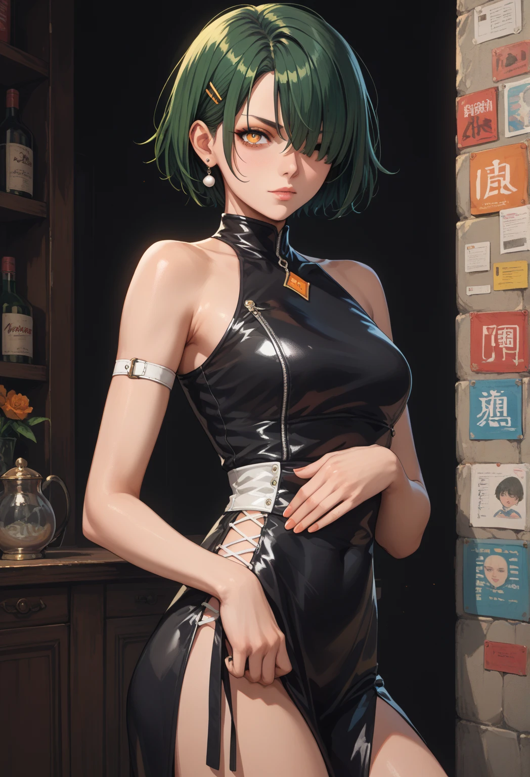 Bruises,core_9, score_8_Excellent, score_7_Excellent, score_6_Excellent, score_5_Excellent, score_4_Excellent, sauce_anime, screenshot, Uber, 1 girl, Green Hair, bangs, Hair between the eyes, Side Ponytail, Purple eyes , Black Choker, clavicle, Sleeveless , Black Dress, Sleeveless dress, Halter neck, Pleated skirt, Black gloves, smile, Half-closed eyes, whole body, Angry face, (highest quality, High resolution:1.2), High resolution, Studio Lighting, Ultra-fine painting, Sharp focus, Physically Based Rendering, Very detailed explanation, Portraiture, Curved body, Big Breasts, Perfect Shape, (((Show your armpits))), In-person audience, ((Armpit sweating)), nice, Raise the hand, Half-body photo, Browsing Caution