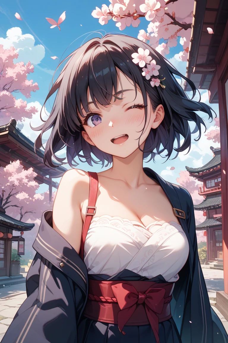 masterpiece, high quality, Very detailed, woman, short hair, hairpin, Completely naked, Spring flower, the wind is strong, Open the shrine, Pink petals, Fuji Mountain, Depth of written boundary, Blurred Background,smile