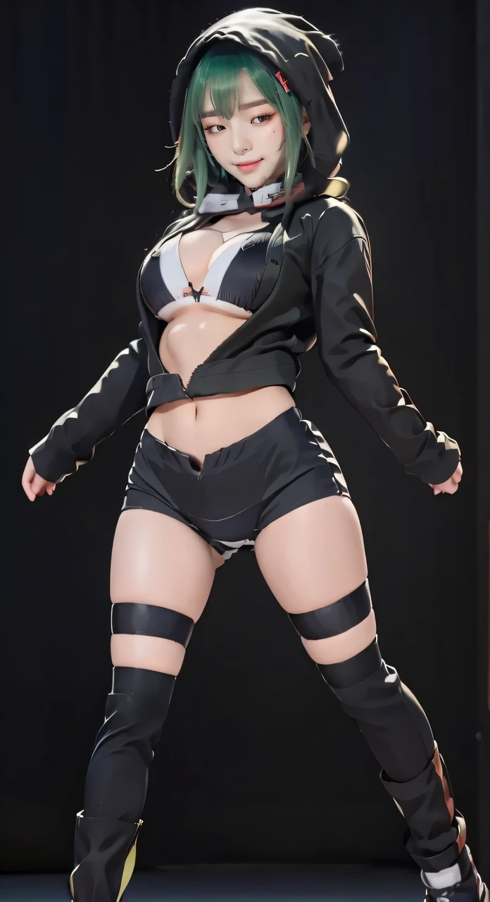 RinaShinomiya, 1girl, solo, short hair, hair ornament, black thighhighs, long sleeves, navel, cleavage, hair between eyes, medium breasts, black jacket, sidelocks, white bikini, green hair, black shorts, hairclip, midriff, collar, groin, orange eyes, hoodie, hood up, bike shorts, bikini top only, partially unzipped, goggles around neck, ((thick thighs, thigh gap:1.1) ((toned body, atheltic body, shredded abs, wide hips, narrow waist, medium breasts)) ((revealing clothes, sexy, nsfw, uncensored, exposed)) full body