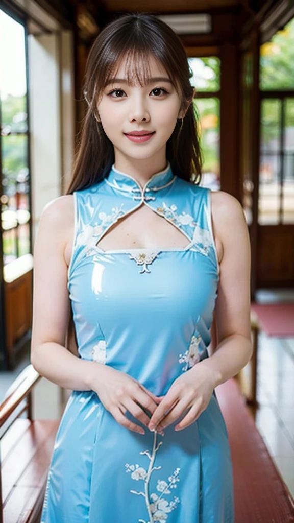 Realistic and detailed image of a young woman in a Chinese dress with a mini skirt.. She has long wavy blonde hair in pigtails.. blue eyes. she has earrings, Long eyelashes. She has small breasts, Thin waist, Very wide hips and thick thighs.. smile, happy face. Lift one leg up., curved back. She is in a Buddhist temple with flower petals falling all around her..