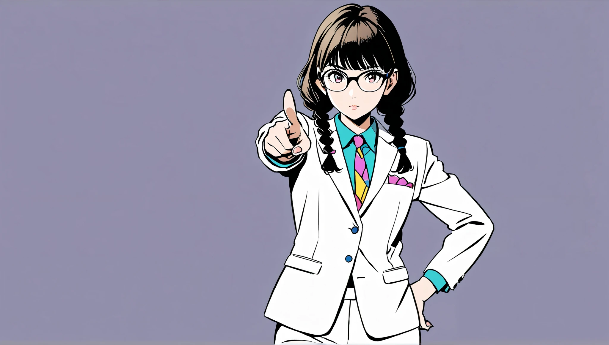((alone)),((pointing_viewer)),(( wiggle your hips)), expressionless,((Black hair long hairstyle with braids)),((( black rimmed glasses))),masterpiece, Highest quality, Beautiful attention to detail, Very detailed, In detail, High resolution, (( white suit jacket、 white pants))),Perfect Anatomy, , , girl, (one person:1.5), alone, ( simple solid color background), (City Pop Art), Simple disco Background, (), (night), 80's fashion,anime,