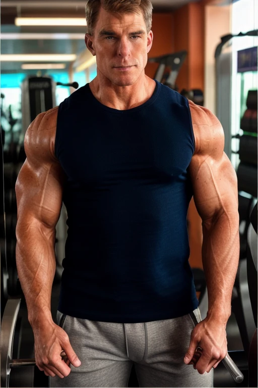 Masterpiece, denoise, void noise, one man, best quality, 8k resolution, male focus, focus only, amazing composition, great lighting, super quality, elegant, Very detailed, (front view), (facing viewer), white light, daylight, blue sky, -----------, 35 years old, mature face, (muscular, thin body), handsome, ((detailed light-gray eyes, detailed eyes)), ((((light blonde hair, short straight hair)))), ((big ears)), ((((thick plenty chest hair)))), ((((pale skin)))), ((((Medium length beard)))), (((((Russell Tovey detailed face))))), --------------, ((((wearing shorts sliding them down)))), (((tank top lifted up showing pecs))), (((big nipples))),
