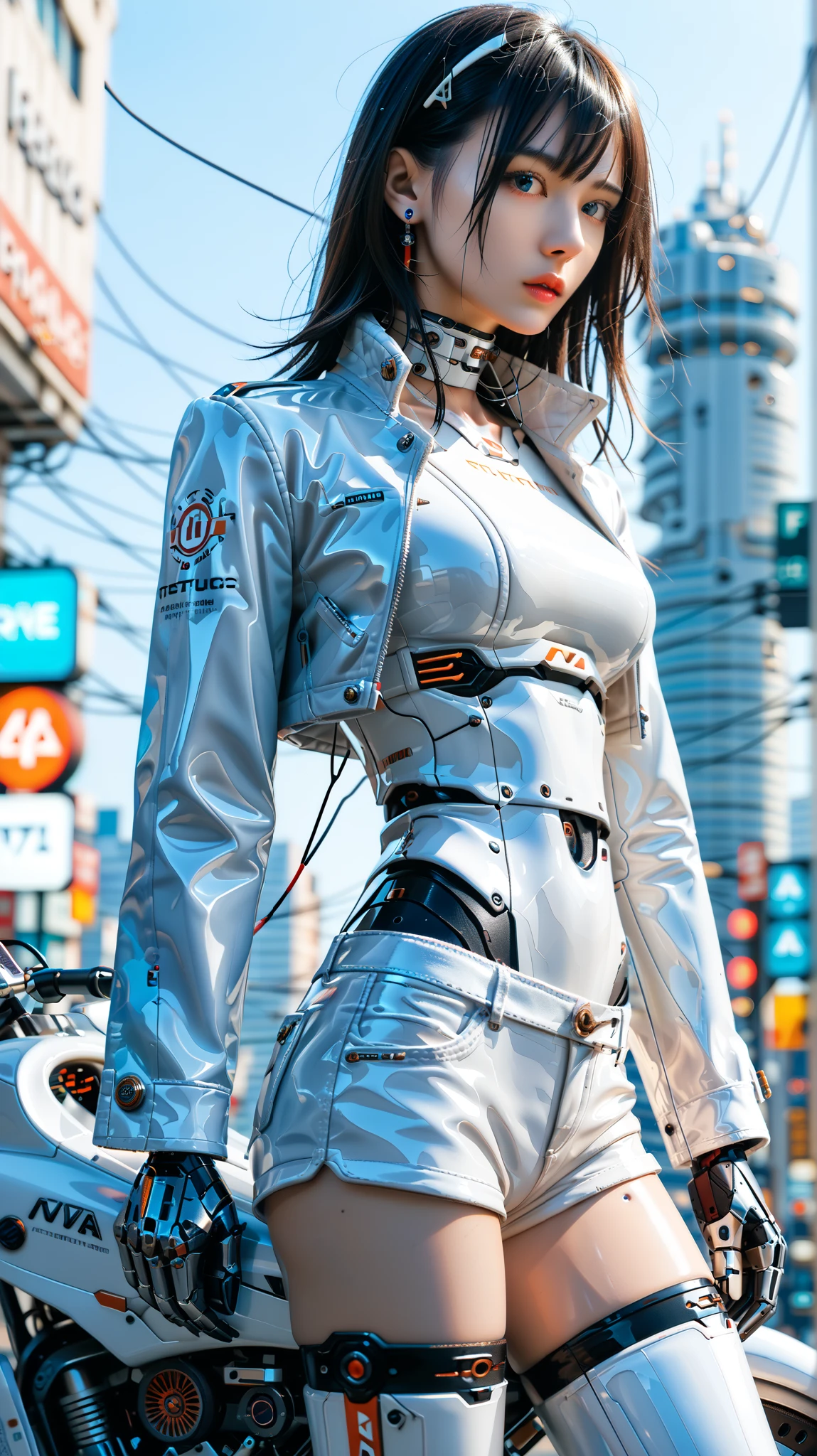(((masterpiece))), (realism, realism texture, (science fiction, distant future), (top Quality, High Quality, top resolution, high resolution, (ultra detailed, high detailed))), (beautiful robot white latex racing model girl:1.4), (she is incredible machine:1.4), (beautiful face), (thin lips, wide mouth), blue lighting eyes, (polished short shorts:1.6), (robot armor:1.4), machine frame, (black metallic latex cropped jacket:1.2), (steel knee-high greaves, (mechanical hands)), (robot joint:1.3), (robot neck joint:1.6), (machine parts, electronic component, complete parts, wiring:1.4), frame of perfect machine, straight hair, Expressionless face, (cowboy shot:1.5), (closed mouth), (futuristic city), ride a motorcycle, looking at viewer