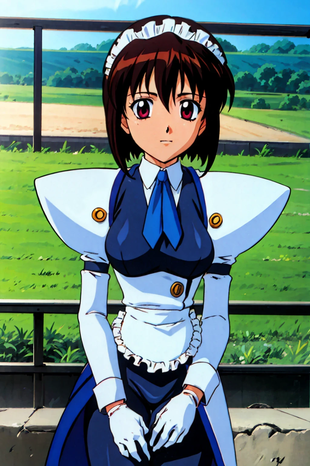 masterpiece,highest quality,Super detailed,32K,High resolution,an extremely delicate and beautiful,Official Art,Perfect Anatomy,(solo:1.5), Contrasting colors,octane rendering,Fully painted,anime coloring,anime screencap,Cel-shaded anime,retro artstyle,1990s \(style\),90s anime,90s anime style, perfect face,ultradeTailed eyes,beautiful,sexy,supermodel,athletic body,shiny skin,Dramatic light,(scale to fit the dimensions:1.2),
koutetu_tenshi_saki,battle_costume,apron,gloves,short hair, maid, maid headdress, bangs, breasts, necktie, waist apron, puffy sleeves,red eyes,, white gloves, dress, long sleeves, elbow gloves, 1990s (style), frills, ascot, blue necktie,white apron,medium breasts,black_pantyhose,smile,
field,sitting, spread legs,