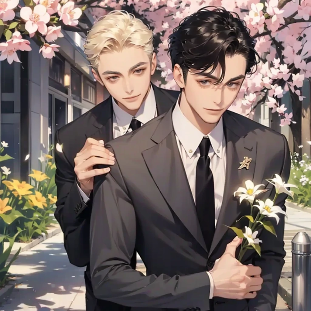blond haired man in a suit and tie laying on a bed of flowers, beautiful androgynous prince, delicate androgynous prince, inspired by Yanjun Cheng, 🌺 cgsociety, handsome anime pose, handsome guy in demon slayer art, artwork in the style of guweiz, digital art of an elegant, highly detailed exquisite fanart, the flower prince,masterpiece, best quality, (extremely detailed CG unity 8k wallpaper), (best quality), (best illustration), (best shadow), absurdres, realistic lighting, (Abyss), beautiful detailed glow