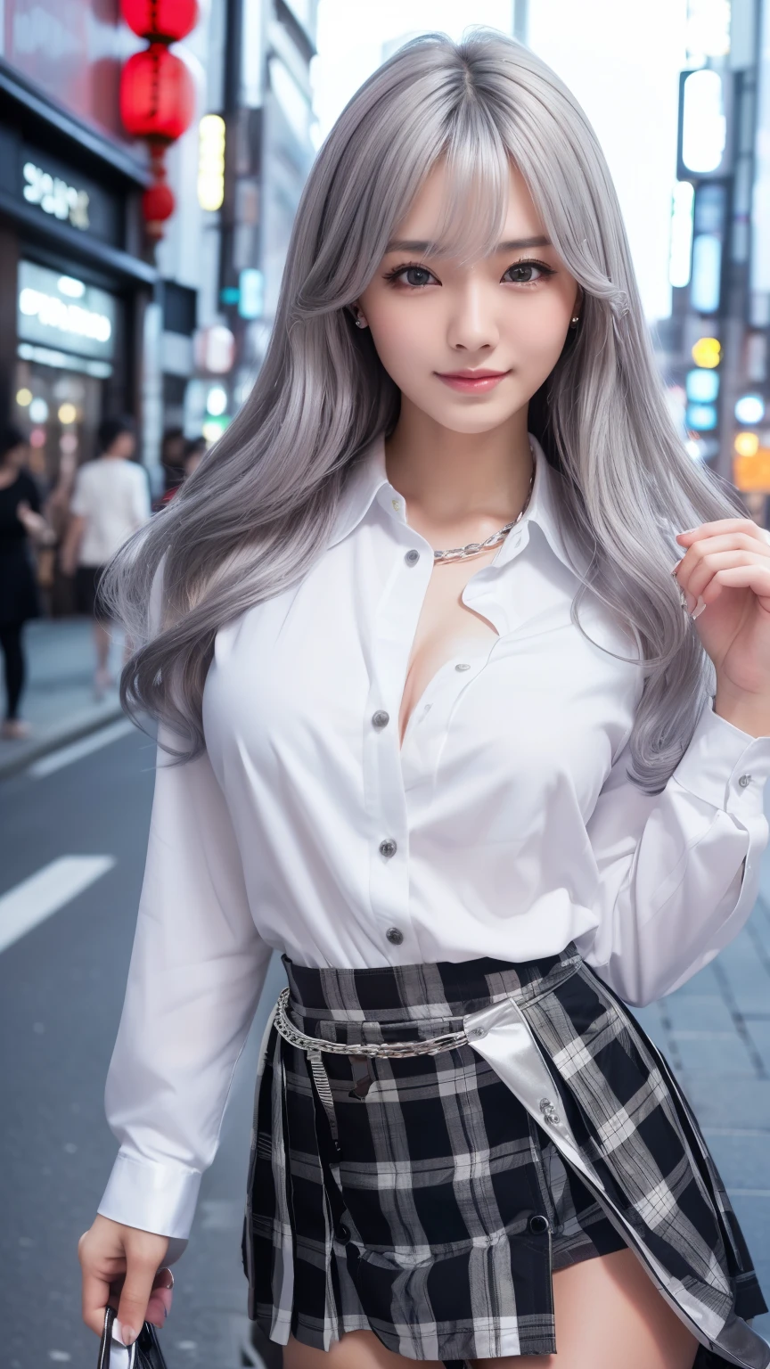 Cinema Lighting、(Front 45 degree angle), Accurate human body、(Accurate 5 fingers)、RAW Photos、 4K - ultra-vivid、Highest quality, masterpiece, Ultra-high resolution, (reality: 1.4)、Background Blur、Beautiful Eyes, Perfect face and eyes、(((White blouse)))、Hair quality and shine、nightの渋谷、Busy Street、 (night:1.8,) , Early teens, Checked mini skirt, Earrings,necklace、 Are standing , (Small breasts:1.3)、Long Hair、 (Gray Hair:1.2)Blonde, Asymmetrical hair, Wavy Hair、Messy Hair、Purple Nails、