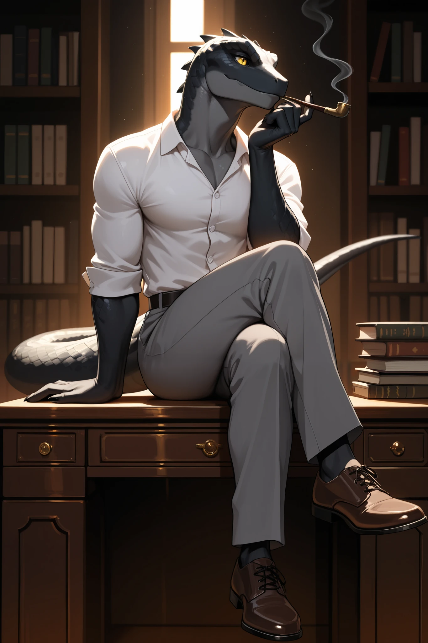 masterpiece, best quality, amazing quality, very aesthetic, high resolution, newest, hyper-detailed, 1boy, furry male, reptile boy, muscular male, yellow eyes, white shirt, grey pants, brown shoes, smoking pipe, two-tone skin, grey skin, black skin, lizard tail, sitting on desk, crossed legs, office background, dusty shelf, bookshelf, highres, extremely detailed art, depth of field, (dark background, chiaroscuro:1.2), window, sunlight, sunbeam, (male focus, solo)