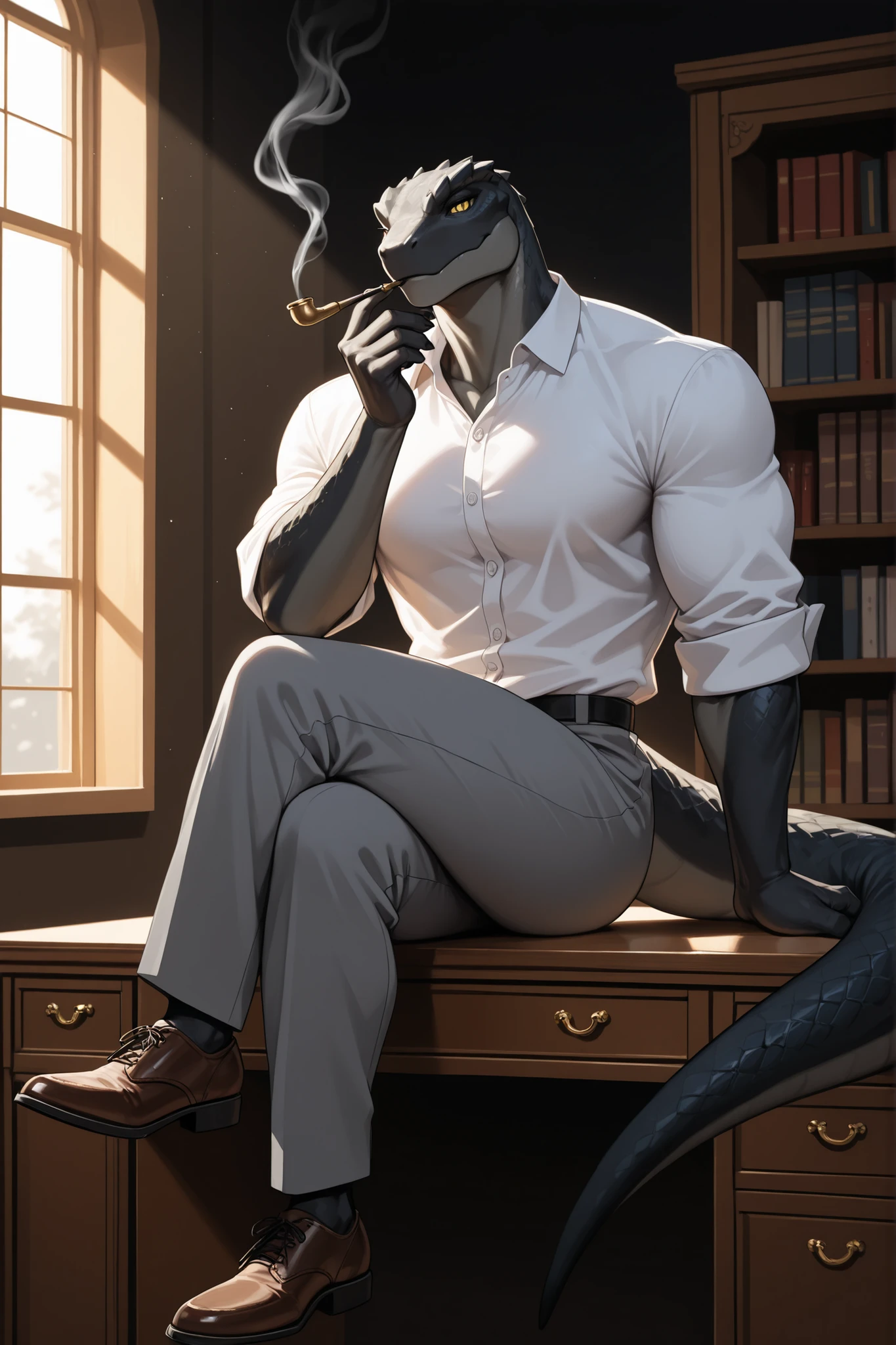 masterpiece, best quality, amazing quality, very aesthetic, high resolution, newest, hyper-detailed, 1boy, furry male, reptile boy, muscular male, yellow eyes, white shirt, grey pants, brown shoes, smoking pipe, two-tone skin, grey skin, black skin, lizard tail, sitting on desk, crossed legs, office background, dusty shelf, bookshelf, highres, extremely detailed art, depth of field, (dark background, chiaroscuro:1.2), window, sunlight, sunbeam, (male focus, solo)