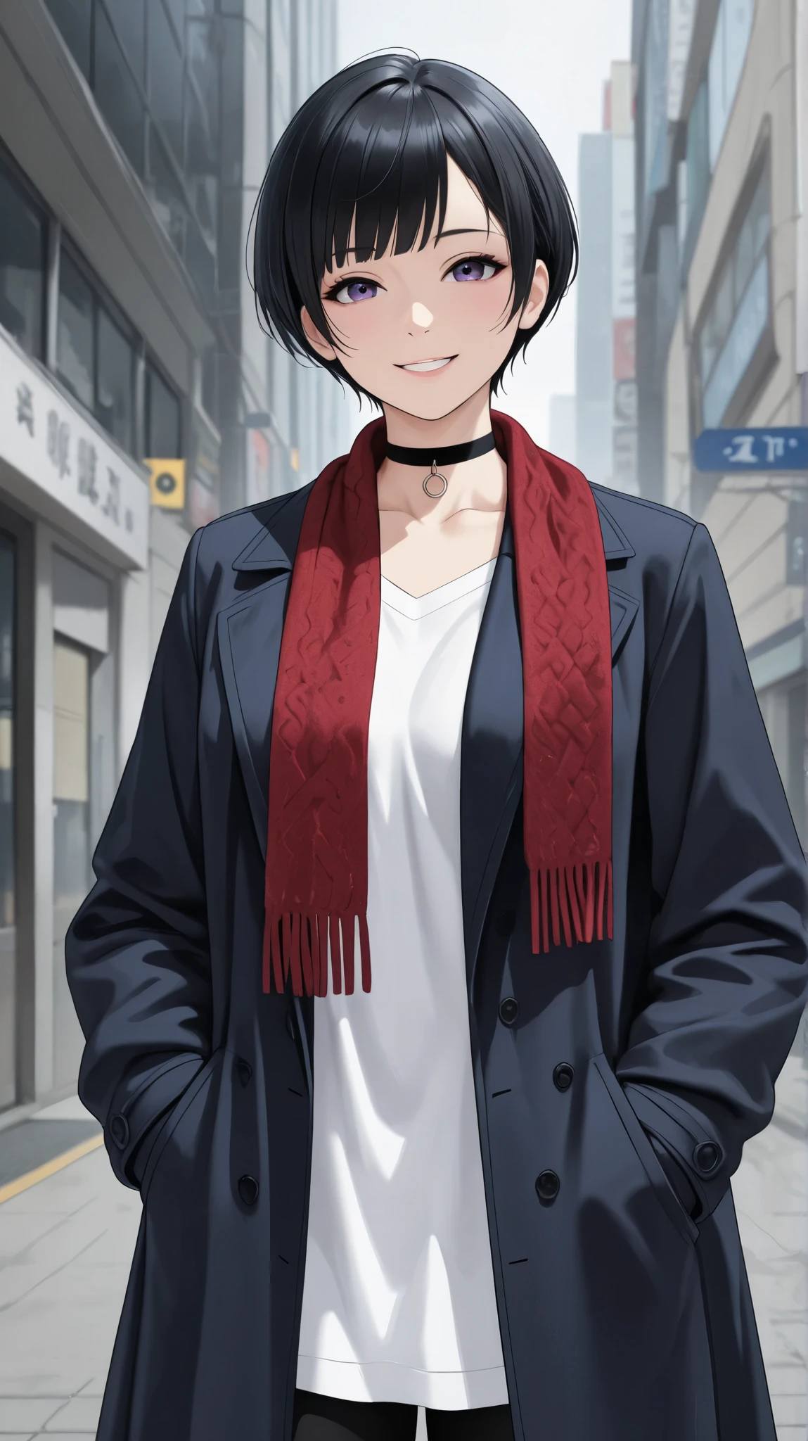 A beautiful girl with an eight-head-tall figure, wearing a coat, on Dogenzaka in Tokyo. She has a very short, black hairstyle that accentuates her purity and neatness. The image is sporty and cool, but her smile is extremely charming. Dressed in a boyish style with a shirt, slacks, and a choker. The scarf is simply draped around her neck. The scene is from a subjective point of view.