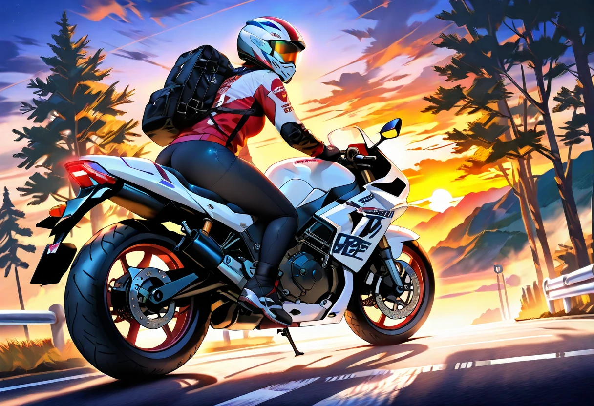  Masterpiece, (Best quality, high resolution, 4k, 8k), (realistic, photorealistic: 1.5), (High Quality Detailed Masterpiece of a Motorcycle During a Scenic Road Trip at Sunset), Custom Motorcycle,Woman Leaning on a Motorcycle and Watching the Sunset,travel day bag,Beautifully Detailed Motorcycle with Realistic Reflections and Details, Stunning Landscape with Dramatic Lighting and Clouds, Detailed Landscape of Mountains, Trees, and Glowing Sunset Sky, Realistic Detailed Motorcycle Rider in Protective Gear