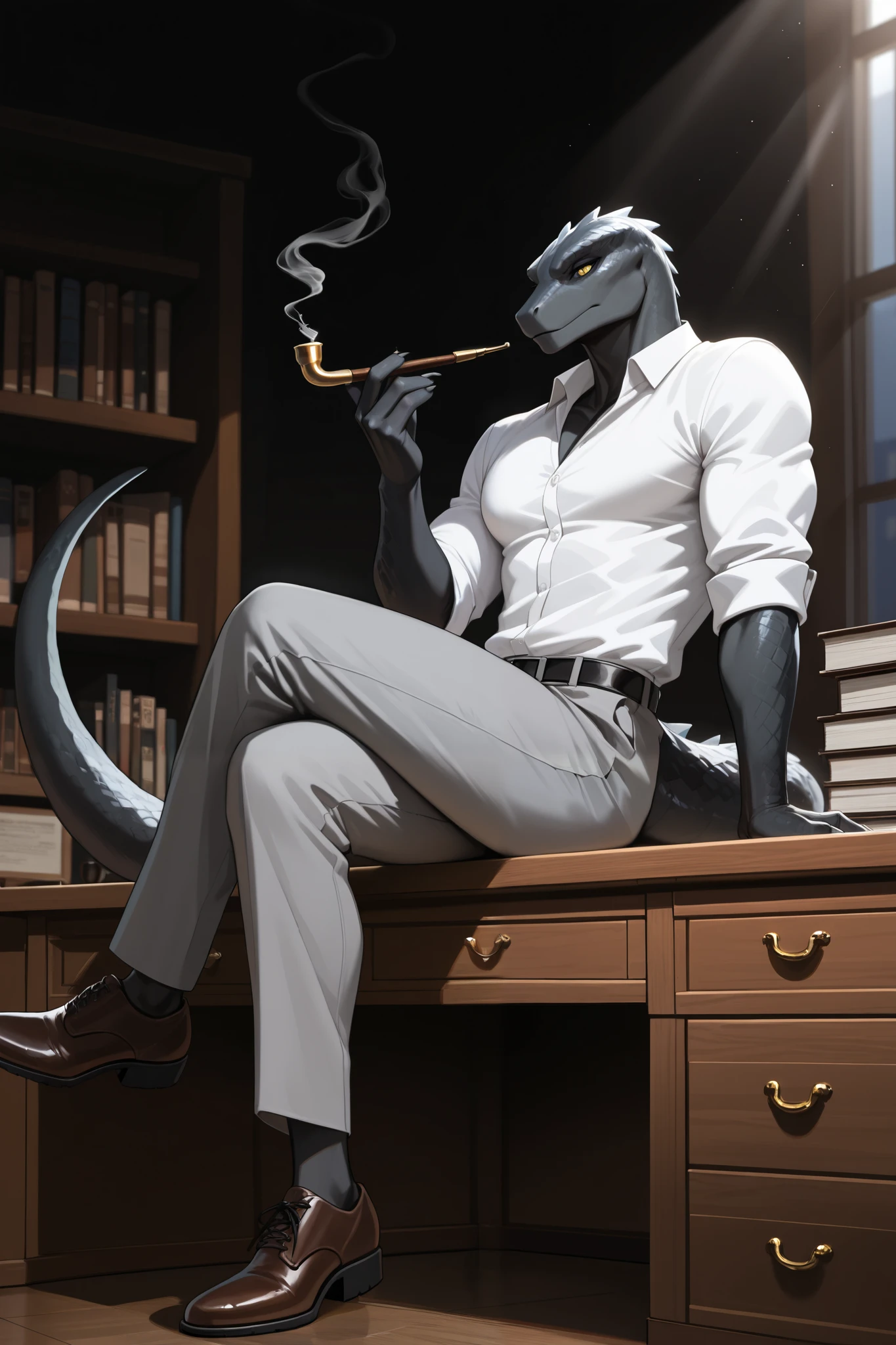 masterpiece, best quality, amazing quality, very aesthetic, high resolution, newest, hyper-detailed, 1boy, furry male, reptile boy, muscular male, yellow eyes, white shirt, grey pants, brown shoes, smoking pipe, two-tone skin, grey skin, black skin, lizard tail, sitting on desk, crossed legs, office background, dusty shelf, bookshelf, highres, extremely detailed art, depth of field, (dark background, chiaroscuro:1.2), window, sunlight, sunbeam, (male focus, solo)