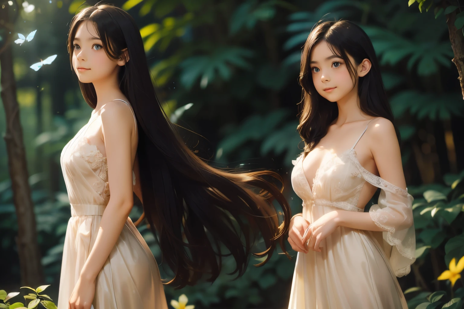 1 girl, masterpiece, very detailed, ((cinematic lighting)), (shine), ((dramatic lighting)), ((beautiful delicate shine)), intricate details, Lens flare, blonde, long hair, colorful dresses, butterfly hair ornament, butterfly, (particles of light), turn your arms behind your back, small breasts, [take up], cowboy shot, light smile, green eyes, church, Stained glass, Spotlight, dark background, floating hair, floating hair, looking at the viewer,((colorful))