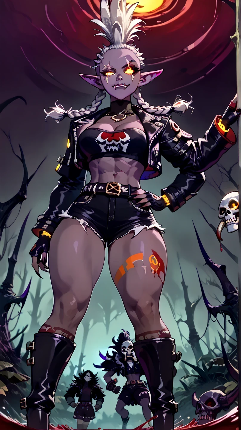((Trolls
large pointed ears, large nose, fangs
tusks, sexy beautiful female troll, ((toned body,, curvy, thick thighs, wide hips, narrow waist, thigh gap:1.2) dark purple skin, white hair, (big high flipped mohawk with braids hairstyle:1.4), tribal tattos, sexy, ((very dark purple skin:1.1)) (dark purple skin:1.2) big lower fangs, raised eyebrow, fierce, powerful, menancing, grim, yellow glowing eyes, dark, evil, macabre, ,. voodoo shaman troll, whitch doctor, shadow hunter. highly detailed face, dynamic posing, from below, battle ready, ((in a dark swamp)) covered in blood, full of scars, scars over eye, red_tribal tattoos, shredded abs, revealing armor, sexy, ((Wearing skulls, bones and ribcage, bone armor:1.2)))) wastelands, (lucy_(\zenless_zone_zero)\black jacket, long sleeves, open jacket, mask around neck, half gloves, black shirt, crop top, midriff, black shorts, denim shorts, high heels boots, knee boots, torn shirt) (burnice, black jacket, cropped jacket, long sleeves, fingerless gloves, black tube top, turtleneck, cleavage, midriff, belt, black skirt, black thighhighs, red thigh strap) ((revealing clothes, nsfw, uncensored, sexy:1.2) ((realism))